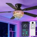 52' Crystal Ceiling Fans with RGB Lights, Remote/App Control, Modern Fandelier Ceiling Fan Flush Mount, Reversible DC Motor, Dimmable, Bedroom Chandelier Fan, (Black)