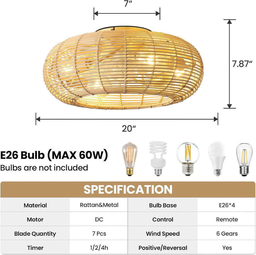 AIJIASI 20' Boho Ceiling Fan with Light and Remote, Rattan Caged Ceiling Fan with Light 6 Speeds Flush Mount Fandelier Ceiling Fan for Bedroom Living Room (4*E26 Base)