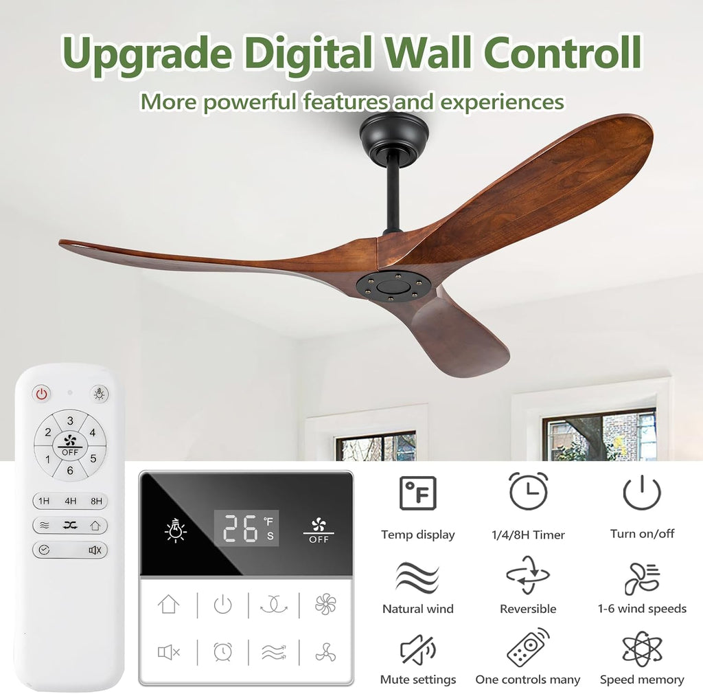 52 Inch Walnut Outdoor Ceiling Fan No Light, Solid Wood Ceiling Fans Without Lights, Mid-sized Modern 3 Blade Quiet Dc Ceiling Fans For Slanted Ceilings, Rustic Wood Ceiling Fan For Garage