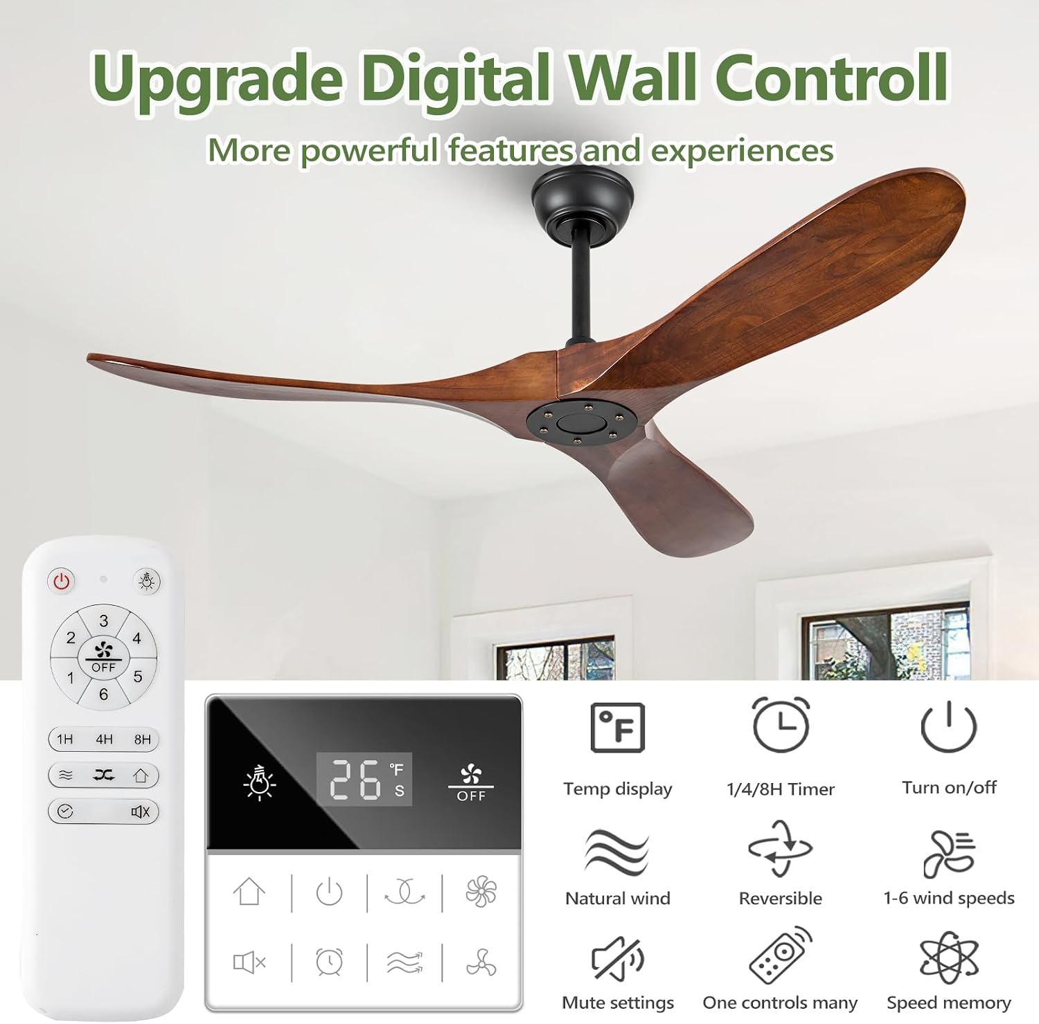 52 Inch Walnut Outdoor Ceiling Fan No Light, Solid Wood Ceiling Fans Without Lights, Mid-sized Modern 3 Blade Quiet Dc Ceiling Fans For Slanted Ceilings, Rustic Wood Ceiling Fan For Garage