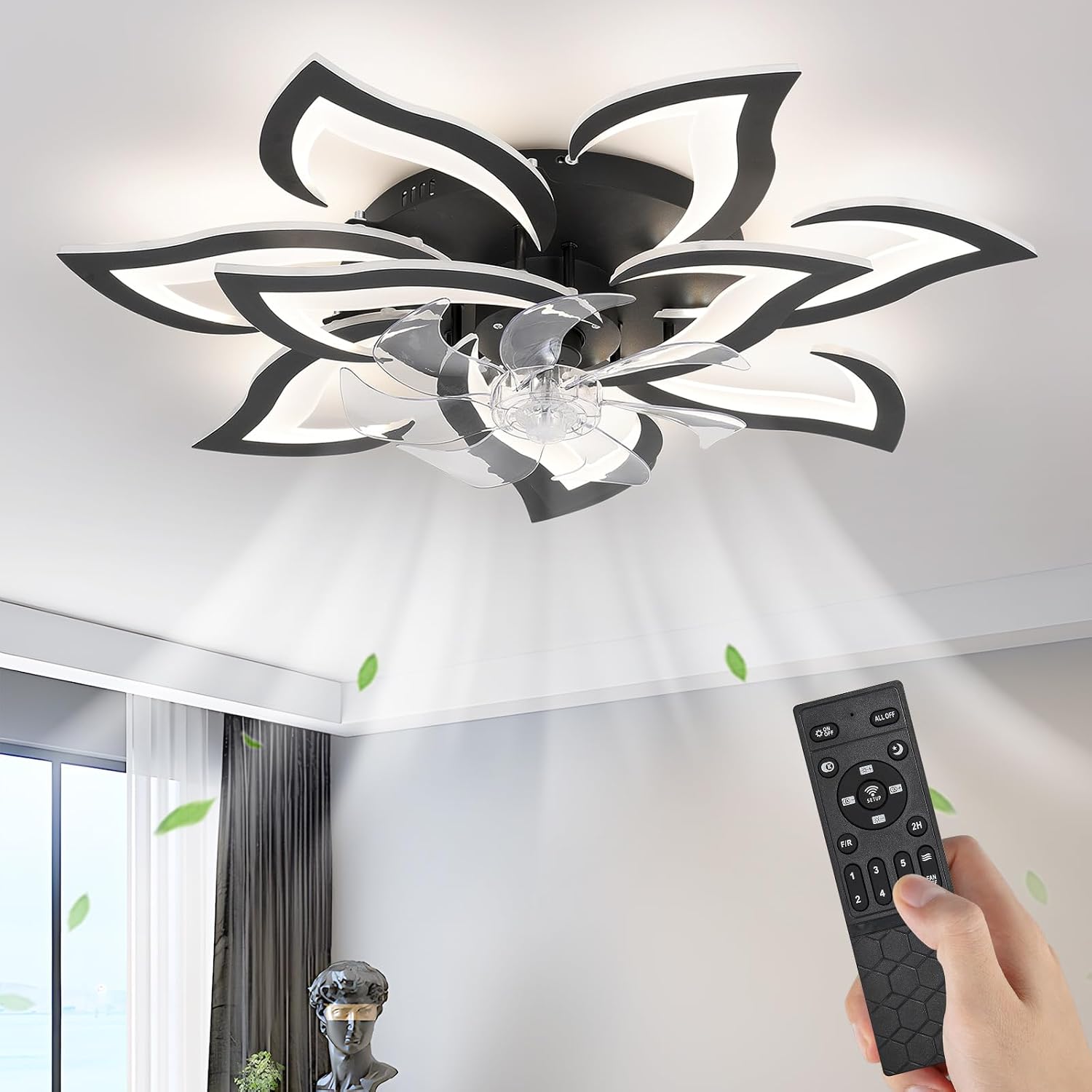 32' Black Flower Ceiling Fan with Lights Remote Control, Modern LED Low Profile Flush Mount Ceiling Fan with Light for Kitchen Bedroom Living Room