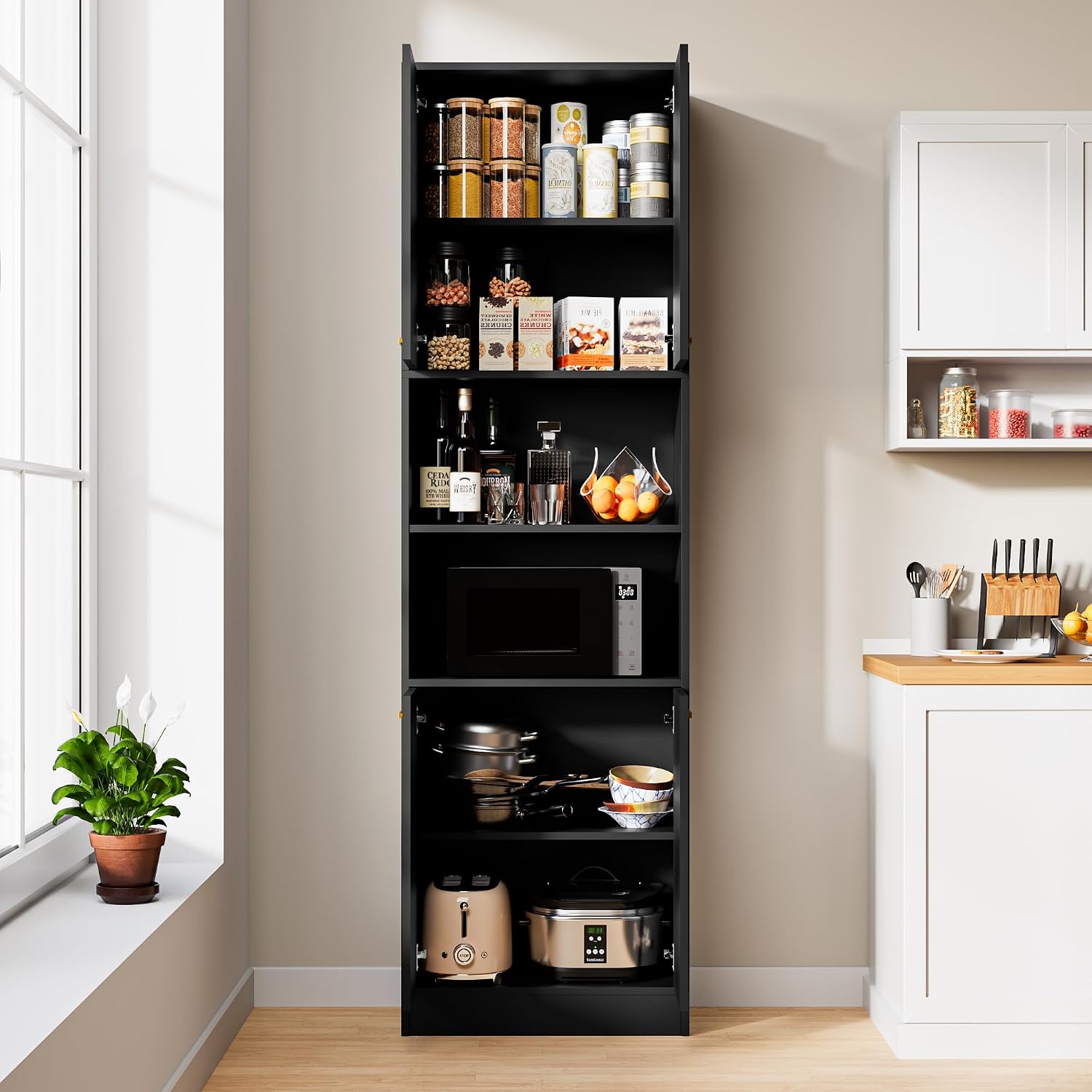 Cozy Castle Kitchen Pantry Cabinet, 75' Tall Wood Storage Cabinet with Doors and Shelves, 4 Doors Open Countertop Utility Hutch Cupboard for Dining Room Living Room Bathroom Furniture, Black