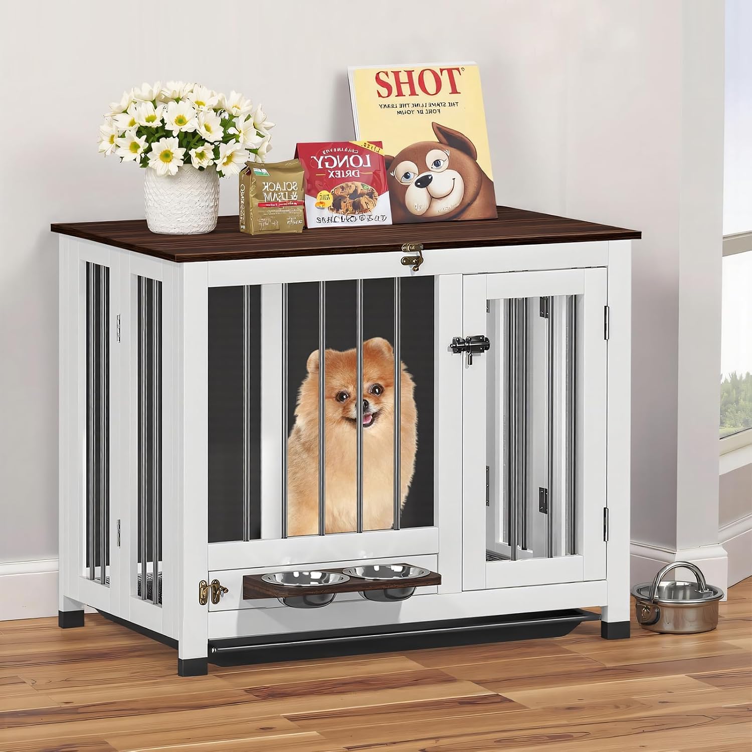 Dog Crate Furniture - 31.5' Wooden Dog Cage with Removable Tray & 360° Rotating Feeder | Multi-Functional Dog Kennel End Table for Small & Medium Dogs | Indoor Portable Pet Crates | Easy Assembly