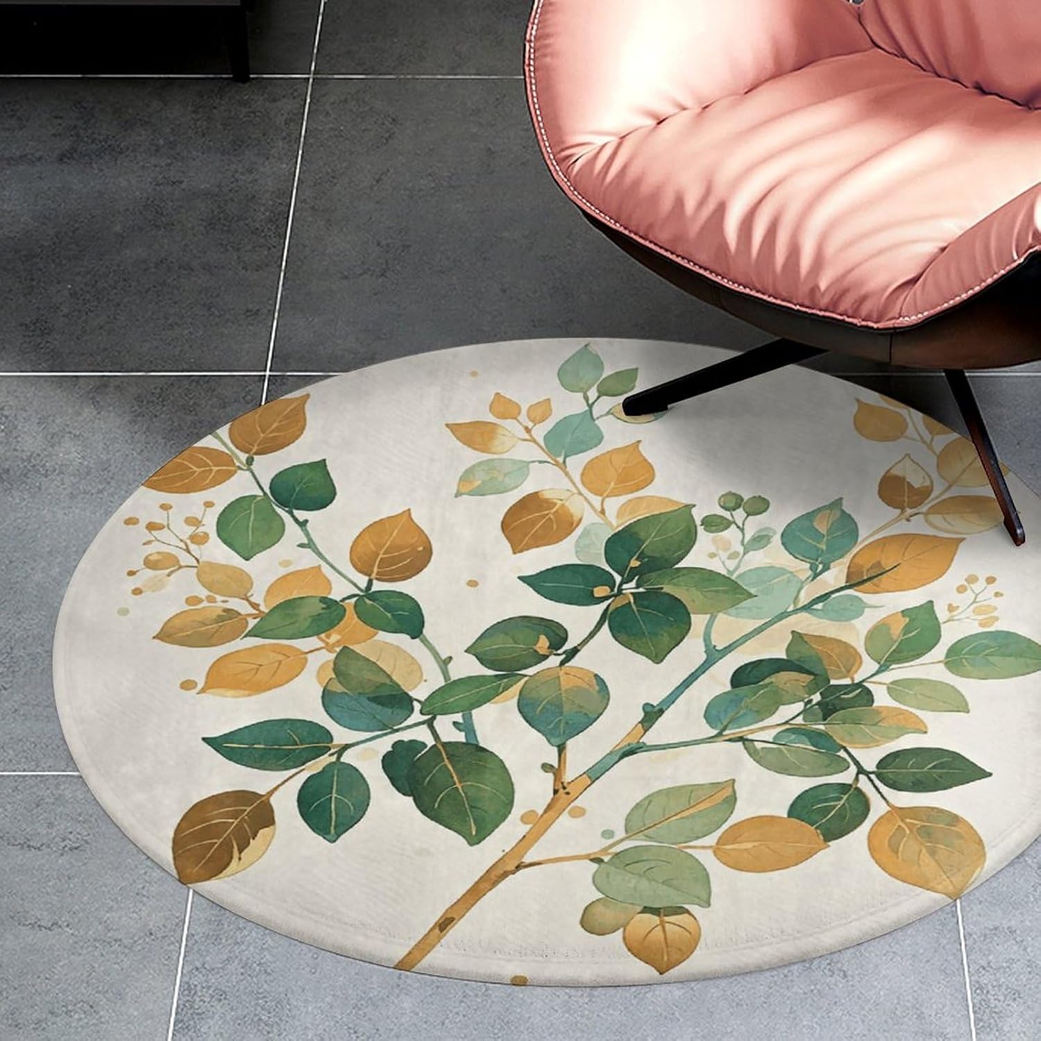 Watercolor Golden Green Plant Branches Coral Velvet Round Floor Mat Non-Slip Bath Rug Floor Covering for Bathroom Vanity Guest Suite & Vacation Home