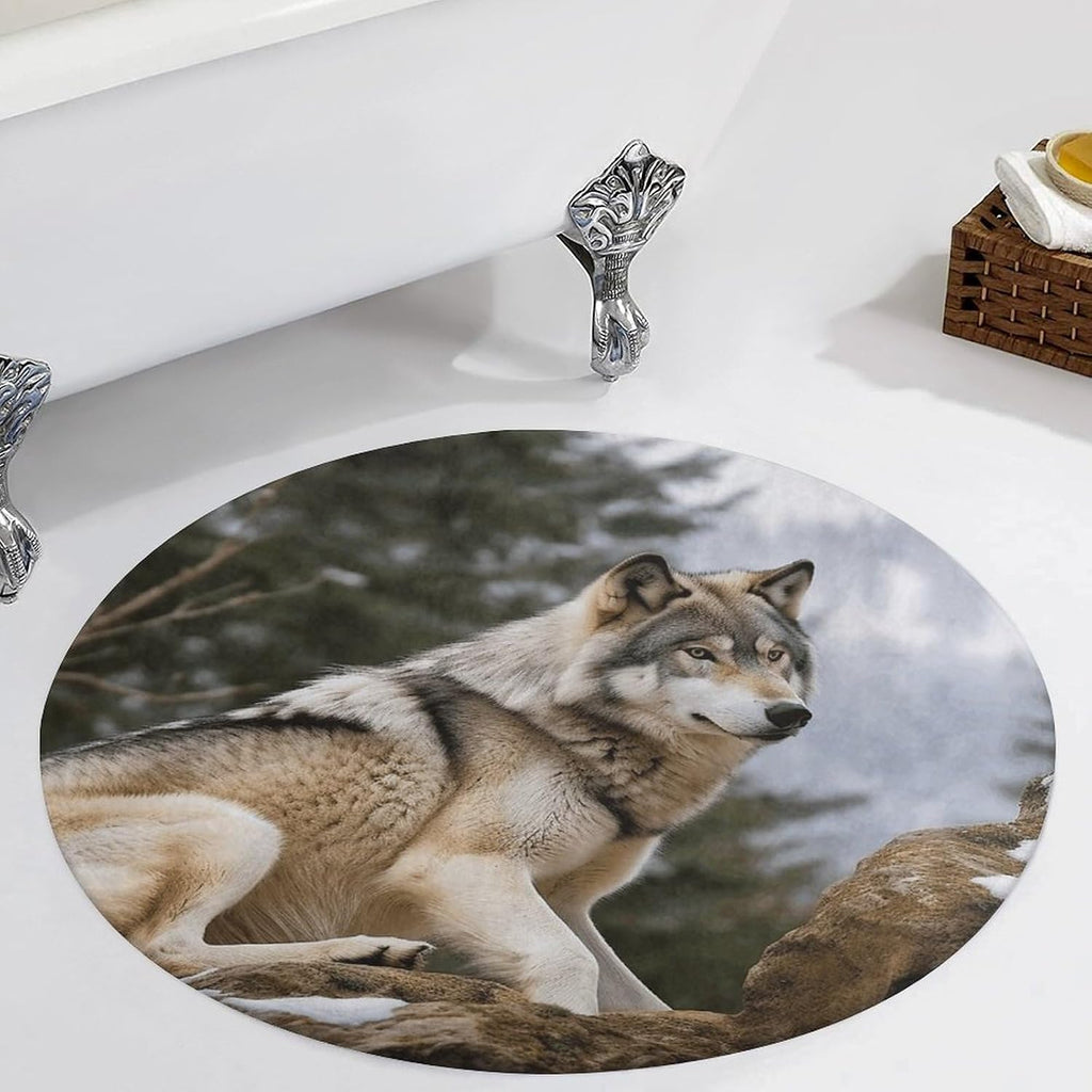 Snow Mountain Wild Wolf Coral Velvet Round Floor Mat Non-Slip Bath Rug Floor Covering for Bathroom Vanity Guest Suite & Vacation Home