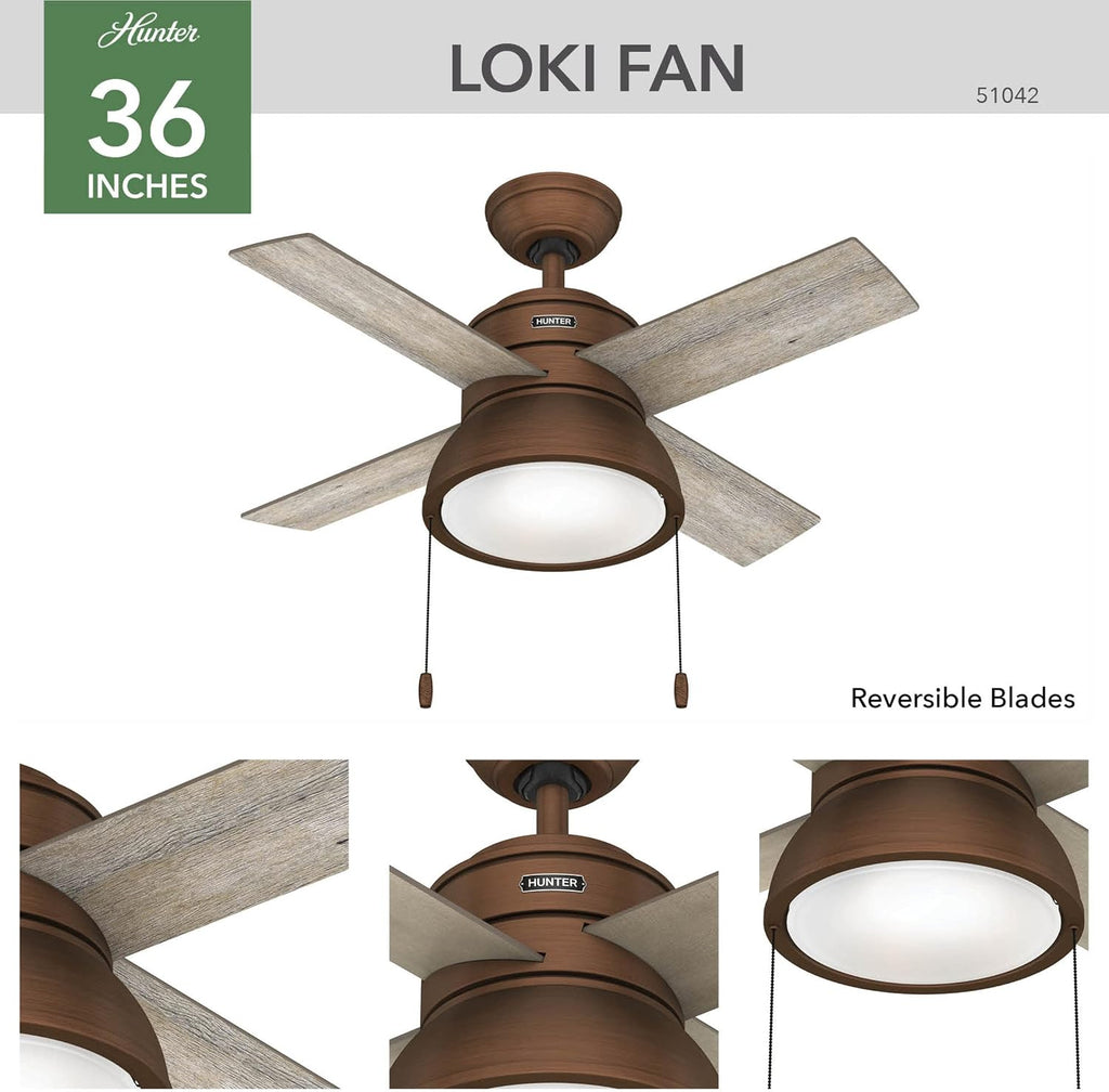 Hunter Fan Company 51042 Loki Indoor Ceiling Fan with LED Light and Pull Chain Control, 36', Weathered Copper Finish