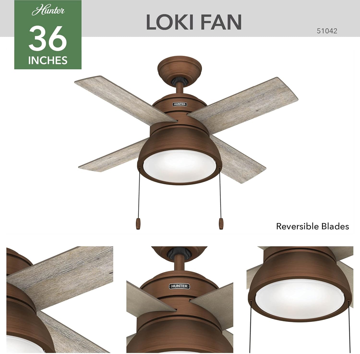 Hunter Fan Company 51042 Loki Indoor Ceiling Fan with LED Light and Pull Chain Control, 36', Weathered Copper Finish