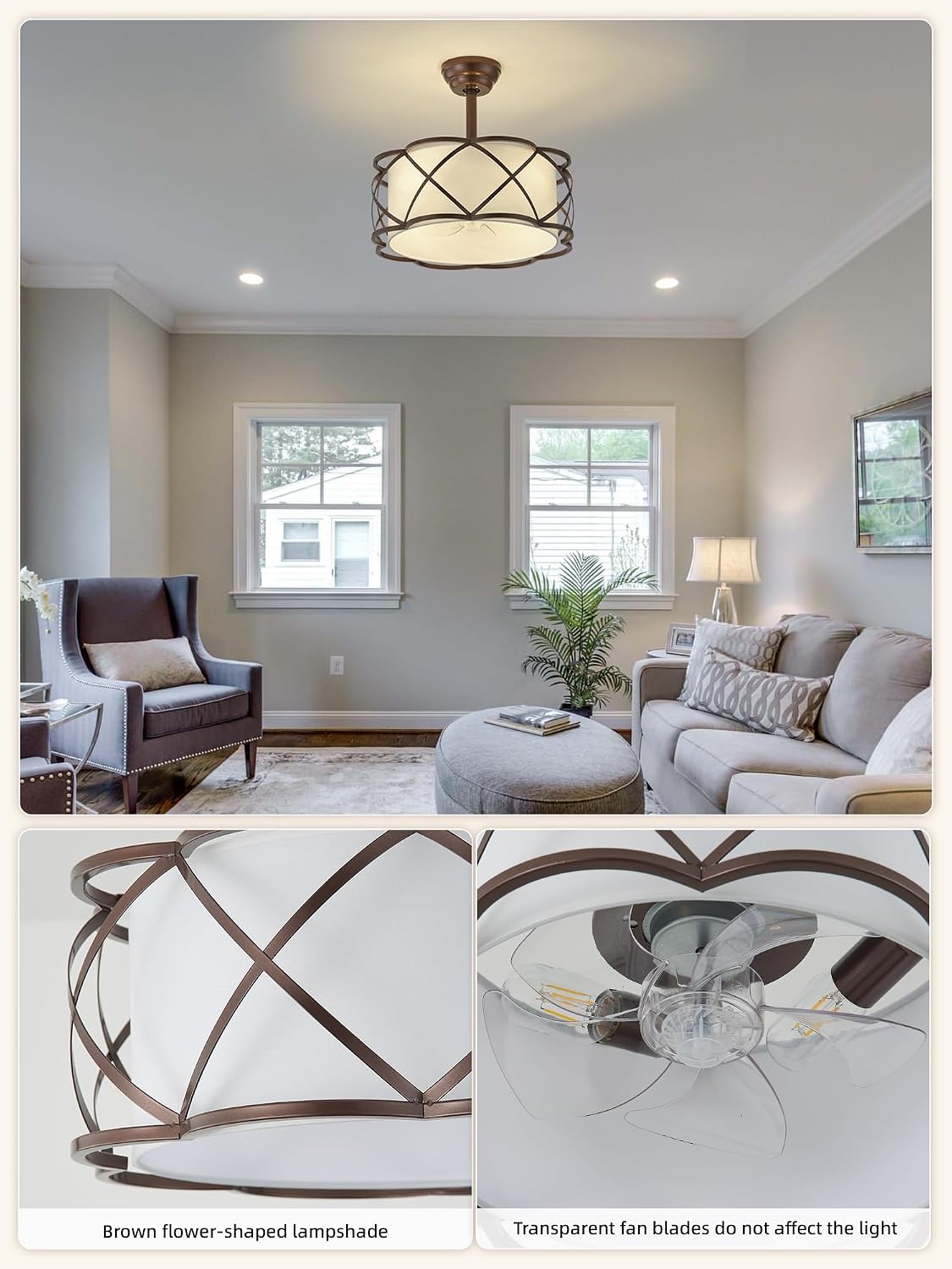 Brown Fandelier Ceiling Fans with Lights, 20' Farmhouse Rustic Chandelier Ceiling Fan Remote Control with 6 Speeds for Bedroom, Nursery, Living Room
