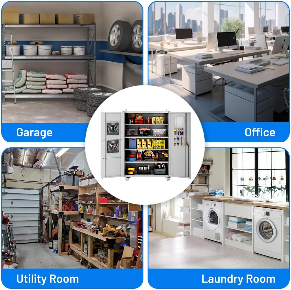 Yeeoy Wide & Deep Metal Garage Storage Cabinet with Pegboard & Adjustable Shelves, Lockable Storage Cabinet with Wheels, Tool Organization Cabinets for Office Garage Shop, 43''W x 22''D x 72''H, Gray