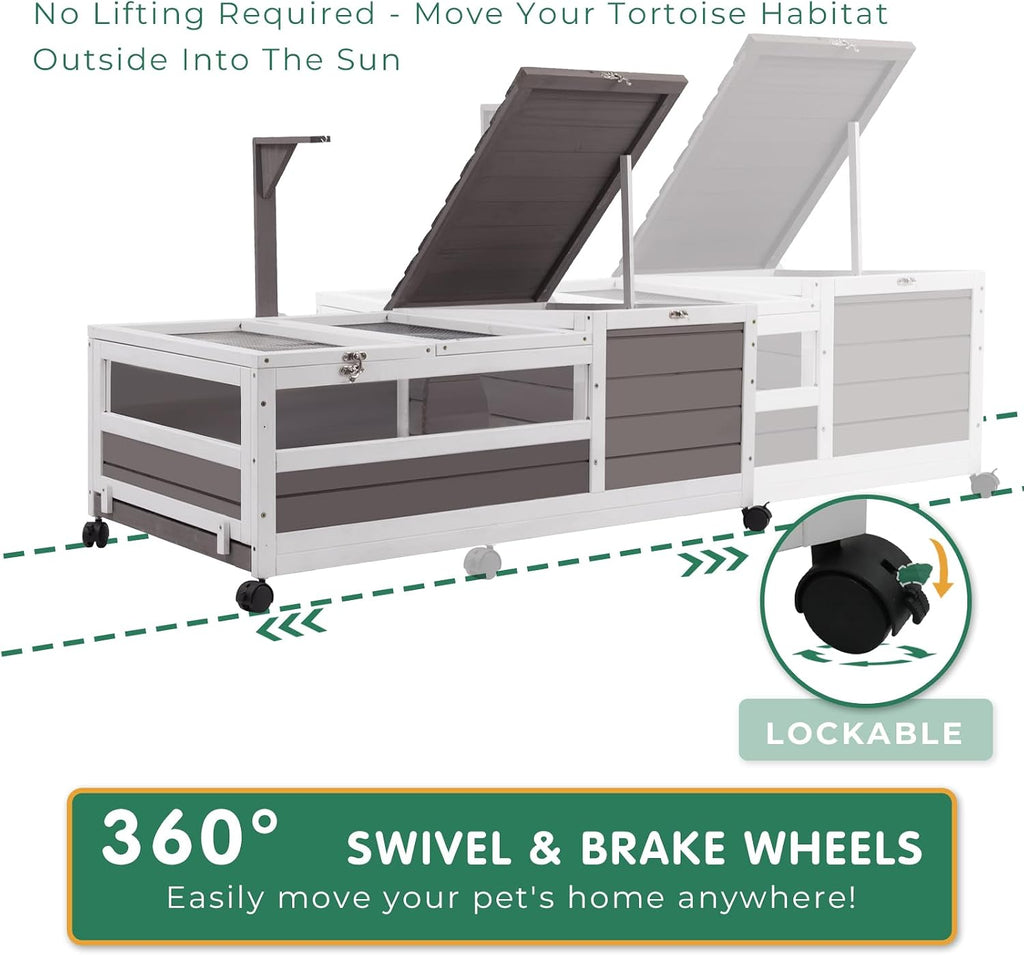 Tortoise Habitat Tank Indoor Outdoor, Wooden Tortoise House with Detachable Legs, 2-Room Reptile Turtle Enclosure Cage for Small Animals, Lamp Holder, Leakproof Tray, Grey