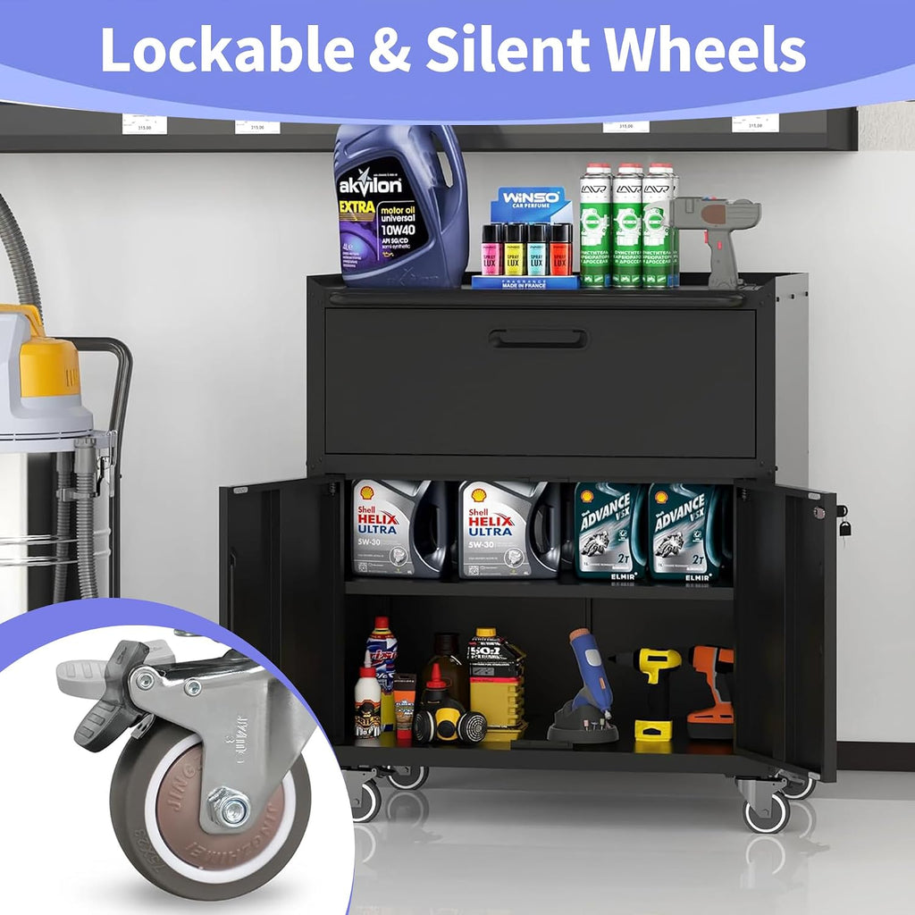 Metal Garage Storage Cabinet on Wheels, Lockable Rolling Tool Cabinet with Drawer and Shelves, Heavy Duty Mobile Steel Cabinet for Garage Warehouse Workshop