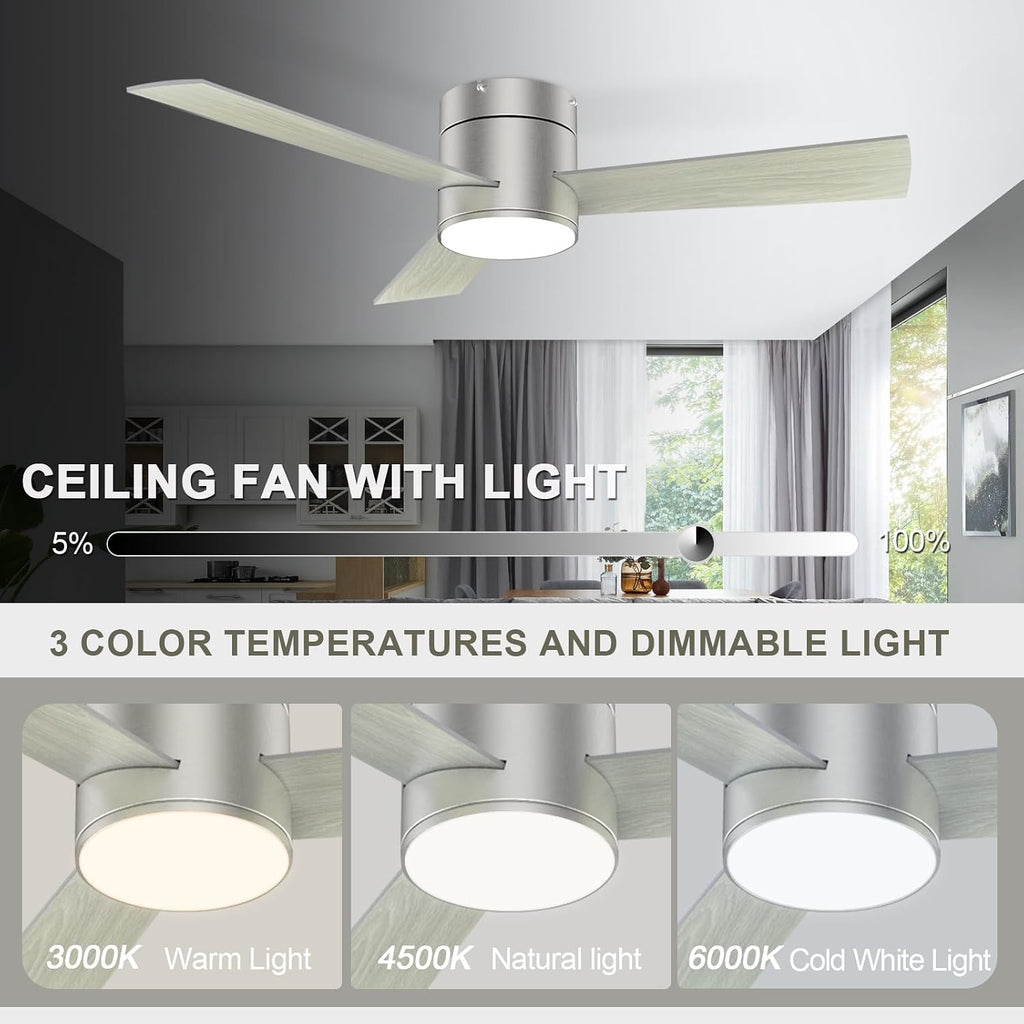 GESUM 42 Inch Ceiling Fan with Lights, Flush Mount Ceiling Fans with Remote Control, Dimmable, 3CCT, Reversible, Nickel Bedroom Ceiling Fans with 3 Blades for Patios Bedroom Kitchen Porch (Nickel)