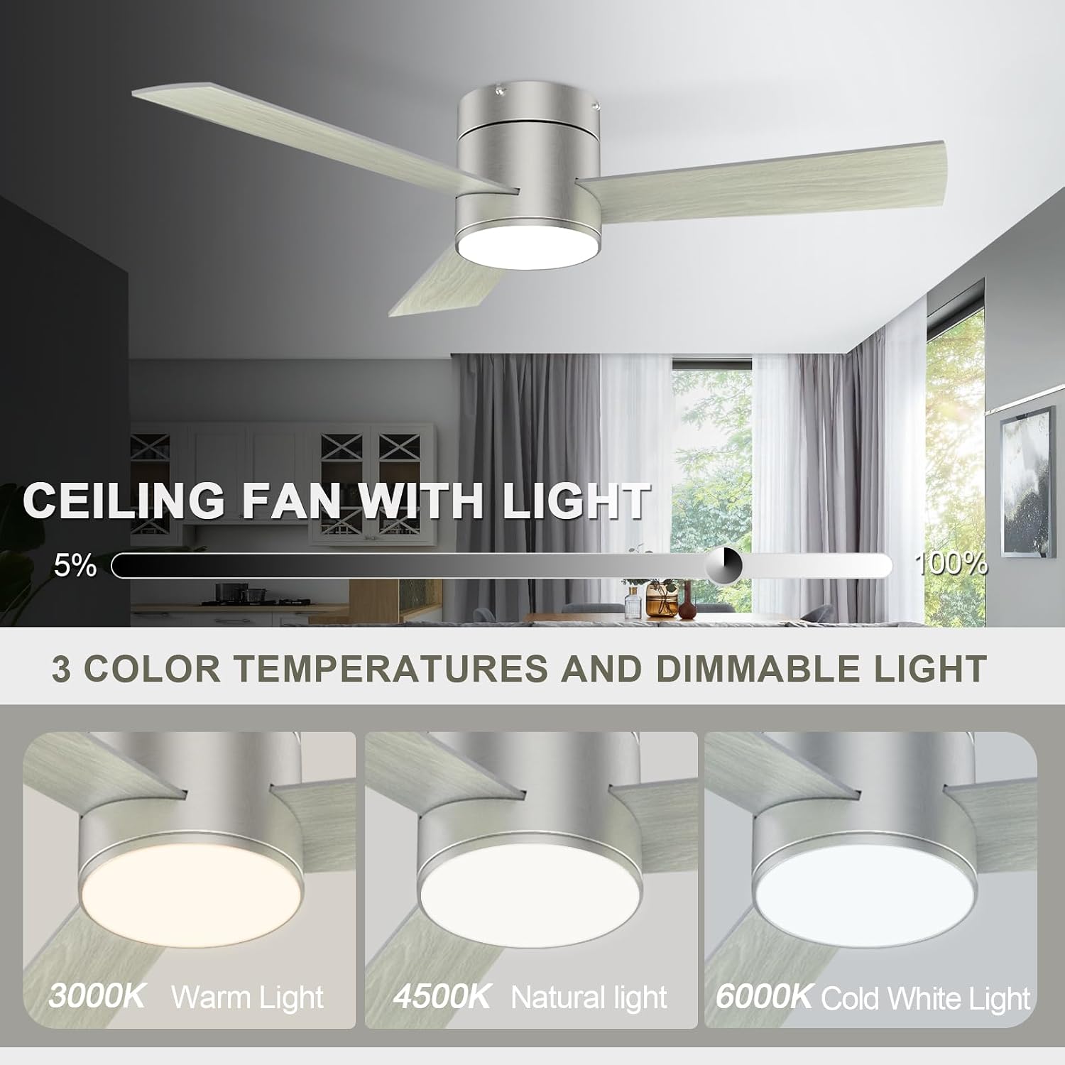 GESUM 42 Inch Ceiling Fan with Lights, Flush Mount Ceiling Fans with Remote Control, Dimmable, 3CCT, Reversible, Nickel Bedroom Ceiling Fans with 3 Blades for Patios Bedroom Kitchen Porch (Nickel)