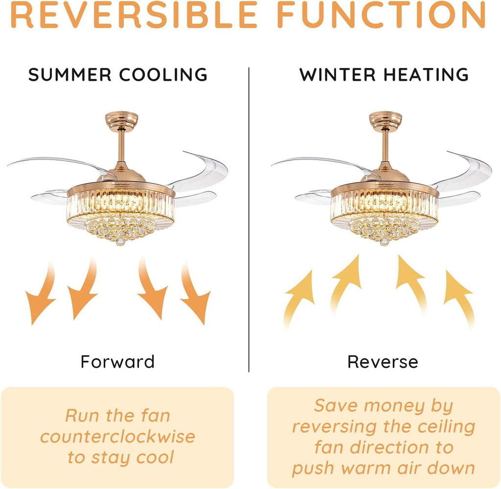 48 Inch Crystal Ceiling Fan with Light and Remote Modern Dimmable Fandelier Invisible Retractable Chandelier Fan Gold for Bedroom Living Room