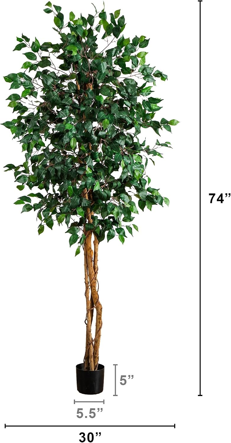 Nearly Natural 74in Artificial Triple Trunk Ficus Tree, Faux Greenery with Natural Wood Trunks for Indoor Home Decor