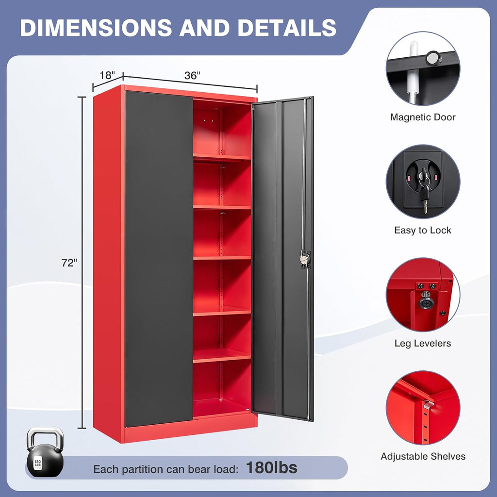 72 Inch Metal Cabinet,Lockable Storage Cabinet with 2 Doors and 4 Adjustbale Shelves,Tall Tool Cabinet Cabinet for Garage,Basement,Home Office,Gym(Red & Black)