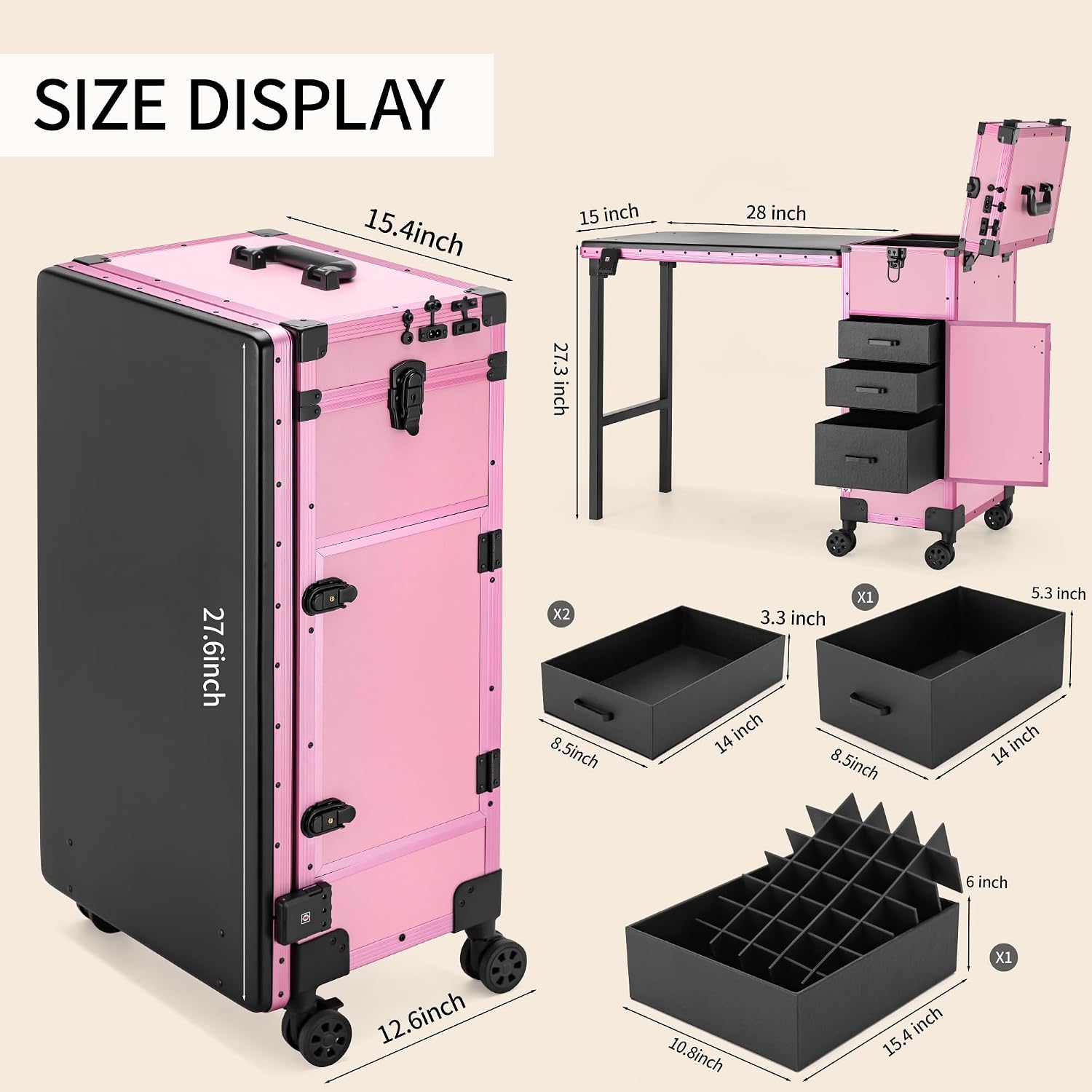 Portable Manicure Table 3 Drawers, Rolling Lockable Makeup Train Case with Blueteeth Speaker and Nail Polish Organizer, Foldable Nail Desk with Mirror & TSA Lock for Nail Tech and Salon Use