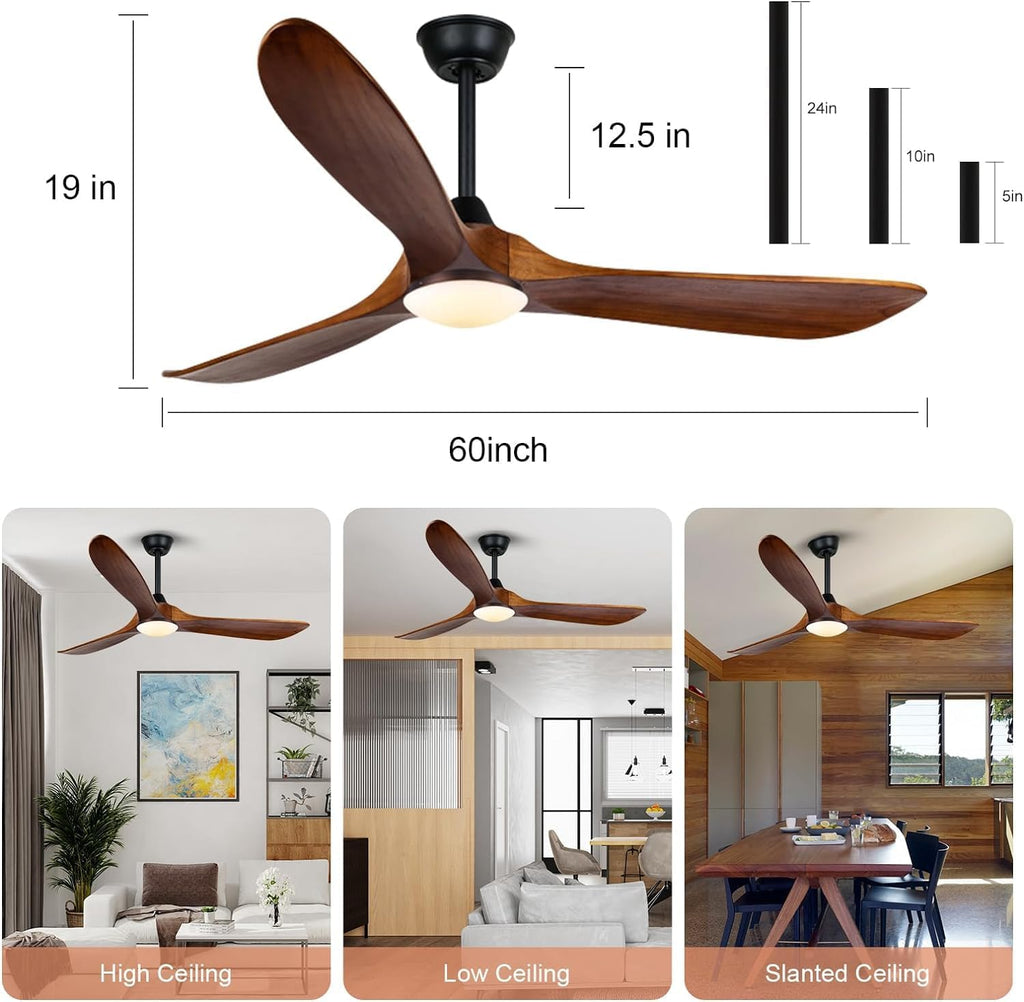 60 Inch Wood Ceiling Fan with Light and Remote, Rustic Farmhouse Ceiling Fan with Reversible DC Motor, Damp Rated Outdoor Ceiling Fans for Patios Porch Commercial, 3 Down Rods