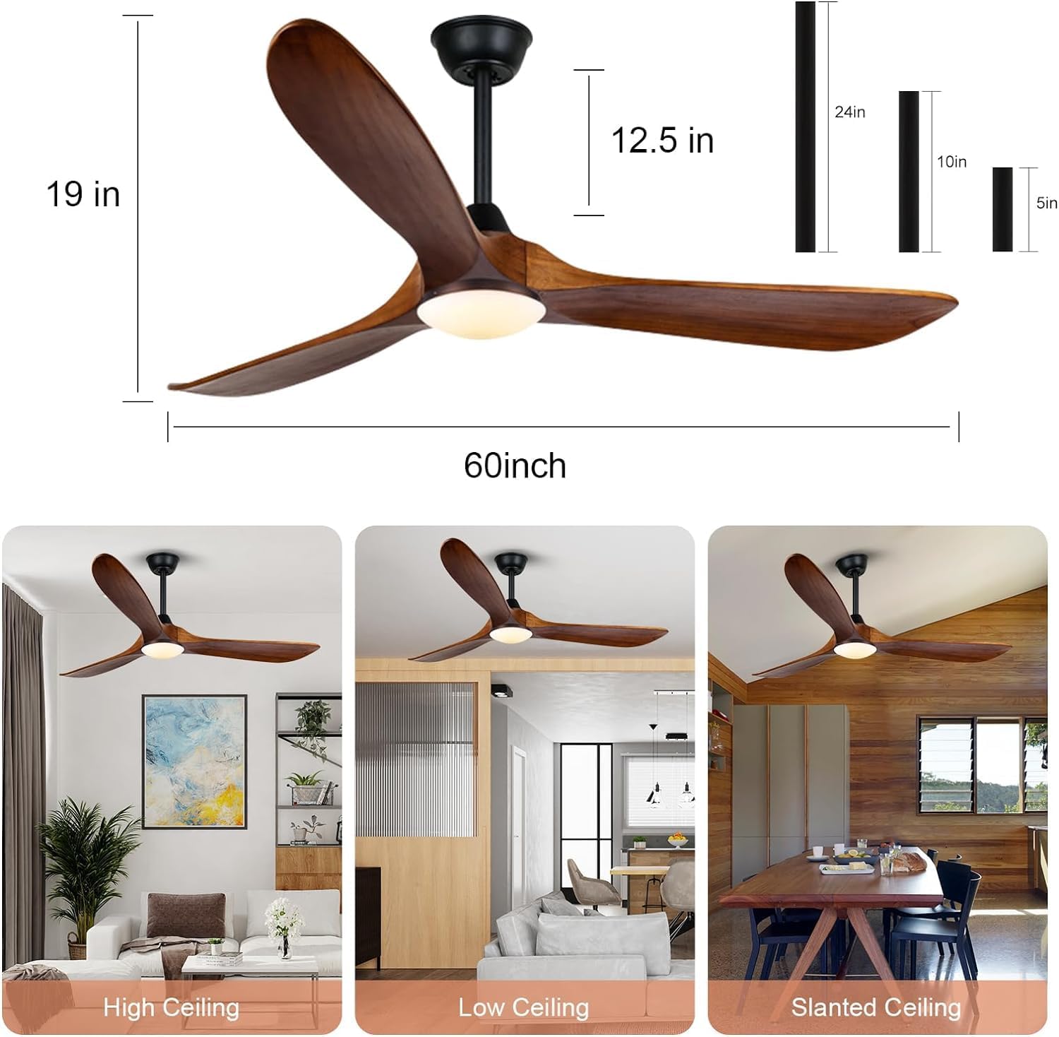 60 Inch Wood Ceiling Fan with Light and Remote, Rustic Farmhouse Ceiling Fan with Reversible DC Motor, Damp Rated Outdoor Ceiling Fans for Patios Porch Commercial, 3 Down Rods
