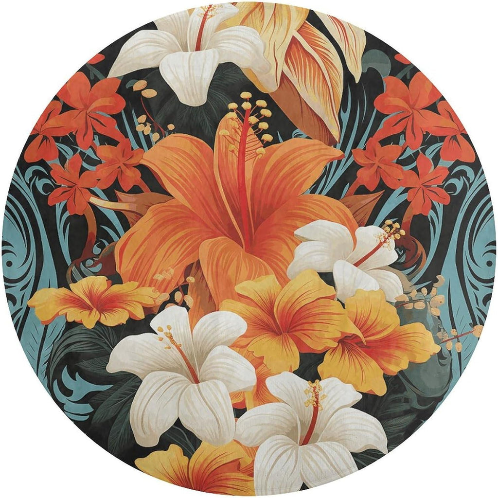 Flowers and Hawaiian Tribal Patterns on Black Background Coral Velvet Round Floor Mat Non-Slip Bath Rug Floor Covering for Bathroom Vanity Guest Suite & Vacation Home