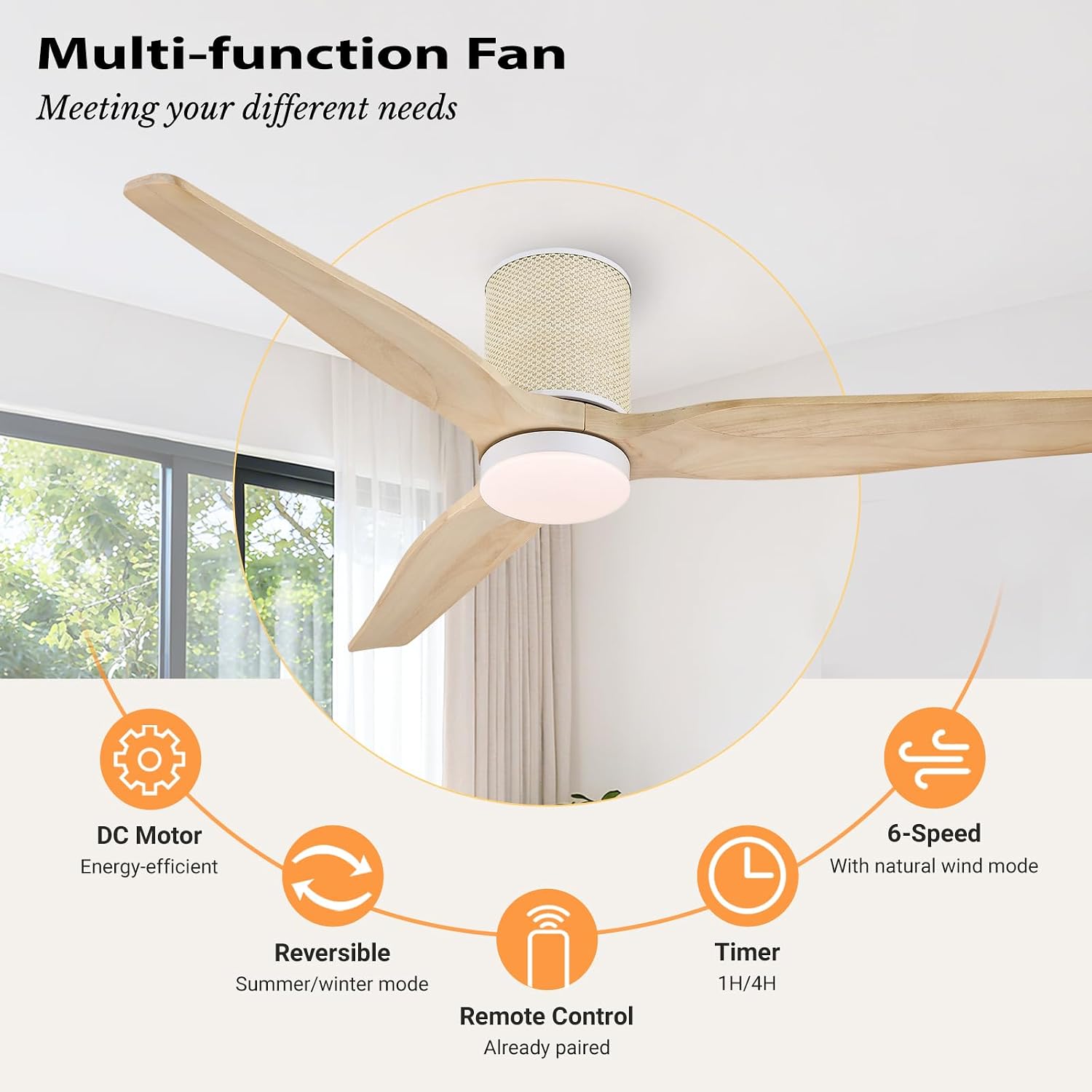 LEDLUX 52' Ceiling Fan with Light - Low Profile Flush Mount Ceiling Fan, 6-Speed Remote Control, Solid Wood, Quiet Reversible DC Motor, Boho Style, for Bedroom, Living Room, Porch, Light Oak/White
