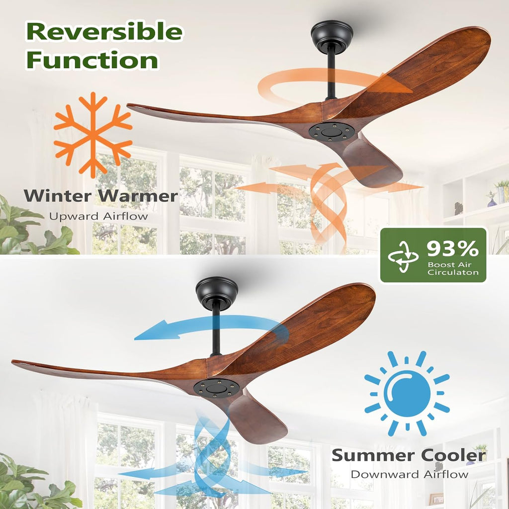 52 Inch Walnut Outdoor Ceiling Fan No Light, Solid Wood Ceiling Fans Without Lights, Mid-sized Modern 3 Blade Quiet Dc Ceiling Fans For Slanted Ceilings, Rustic Wood Ceiling Fan For Garage