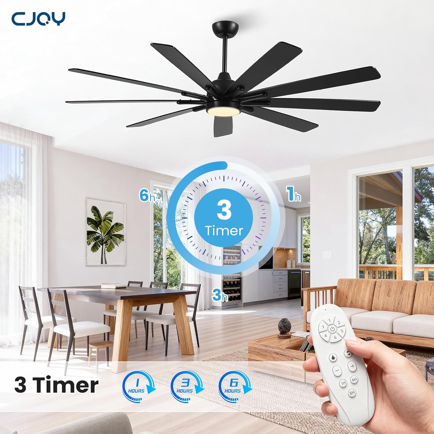 72 Inch Ceiling Fan with Light，Indoor/Outdoor Large Ceiling Fans with Lights for Kitchen Living Room Patio,8 Blade Black Reversible Quiet DC Motor,6 Speeds, Dimmable，3 CCT(Dual Finish)