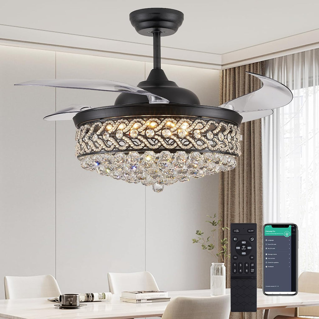 DuMaiWay 52' Dimmable Chandelier Ceiling Fan, Modern Crystal Retractable Invisible Blade Ceiling Fan with Remote Control for Bedroom Dining Room Living Room 6 Speed Change Black