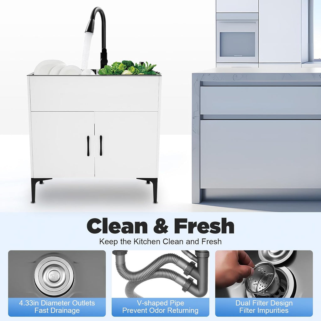30-Inch Laundry Sink with Cabinet and Pull-Out Faucet, Stainless Steel Utility Sink with Cabinets, Freestanding White Cabinet with Sink for Laundry & Utility Room, Kitchen, Bathroom