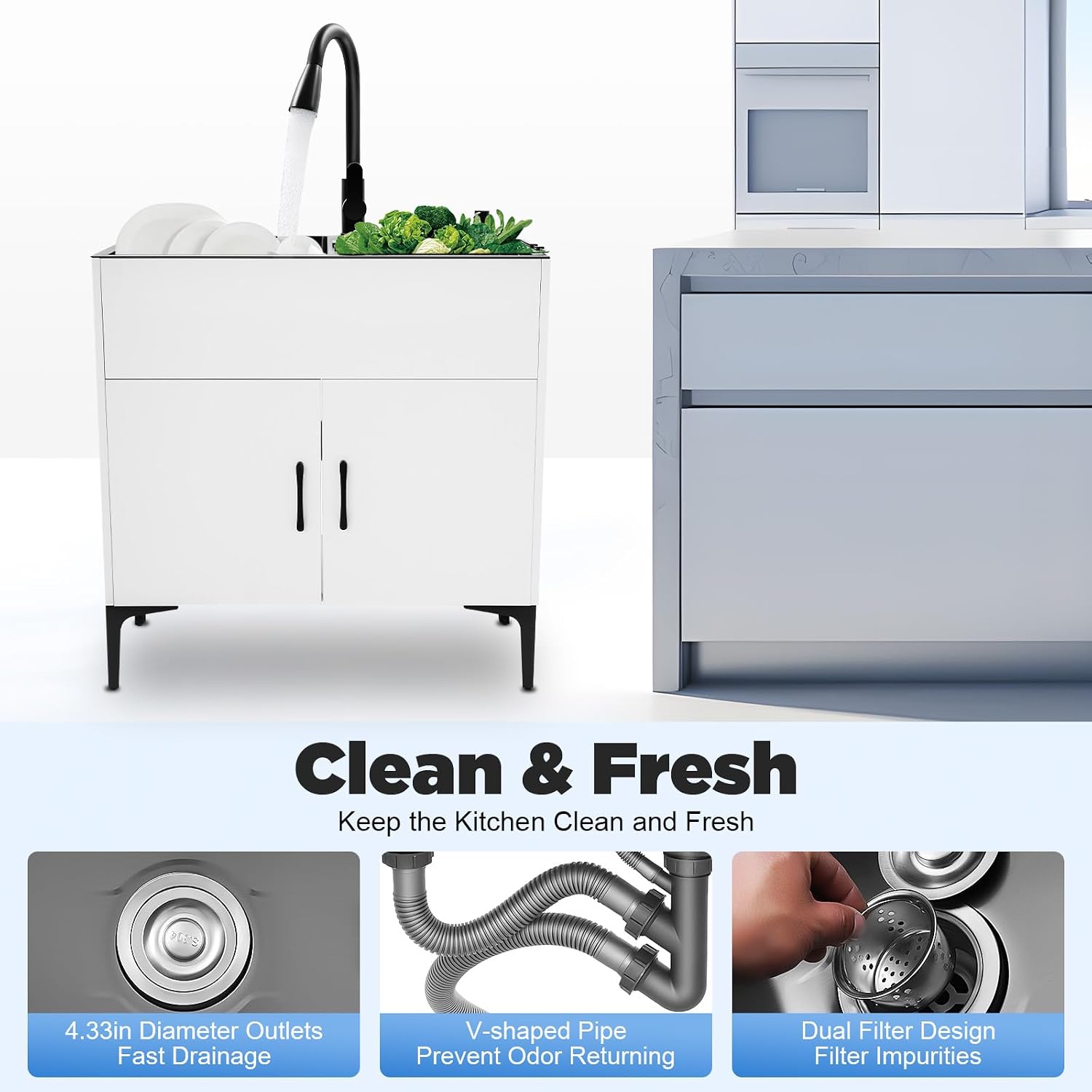 30-Inch Laundry Sink with Cabinet and Pull-Out Faucet, Stainless Steel Utility Sink with Cabinets, Freestanding White Cabinet with Sink for Laundry & Utility Room, Kitchen, Bathroom