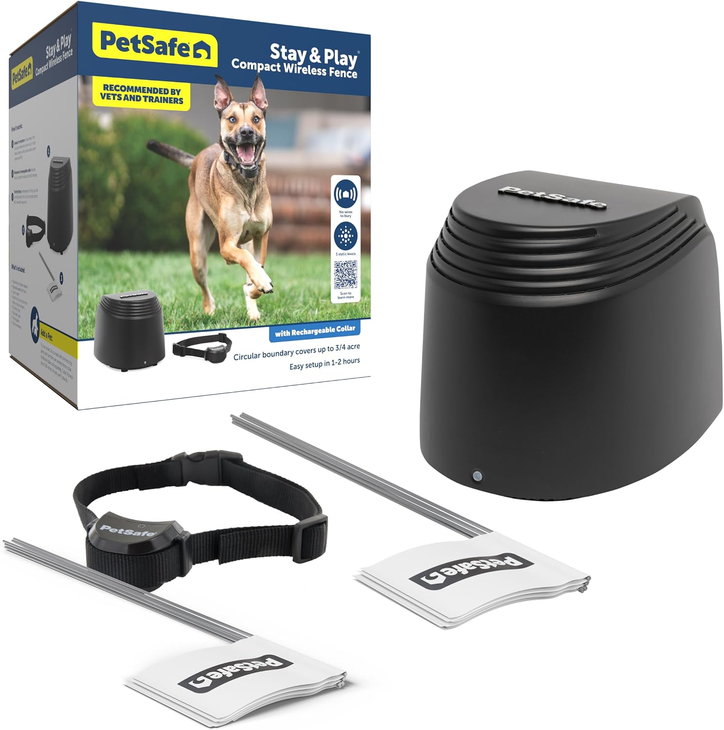 PetSafe Stay & Play Compact Wireless Fence, LCD Screen to Adjust the Circular Boundary, Secure up to 3/4 Acre Area, Use for All Your Pets, Portable System with 50 Extra Flags
