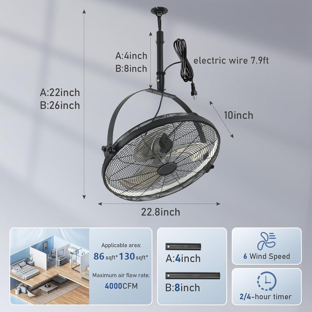 AHAWILL 22.8' Outdoor Hanging Ceiling Fan with Light - 360 Rotatable Fixed Angle,Plug-in,3CCT Dimmable,6 Speeds,Timer & Reversible,2-in-1 Hanging/Standing,Ideal for Gazebos,Patios,Tool Room,Garage.
