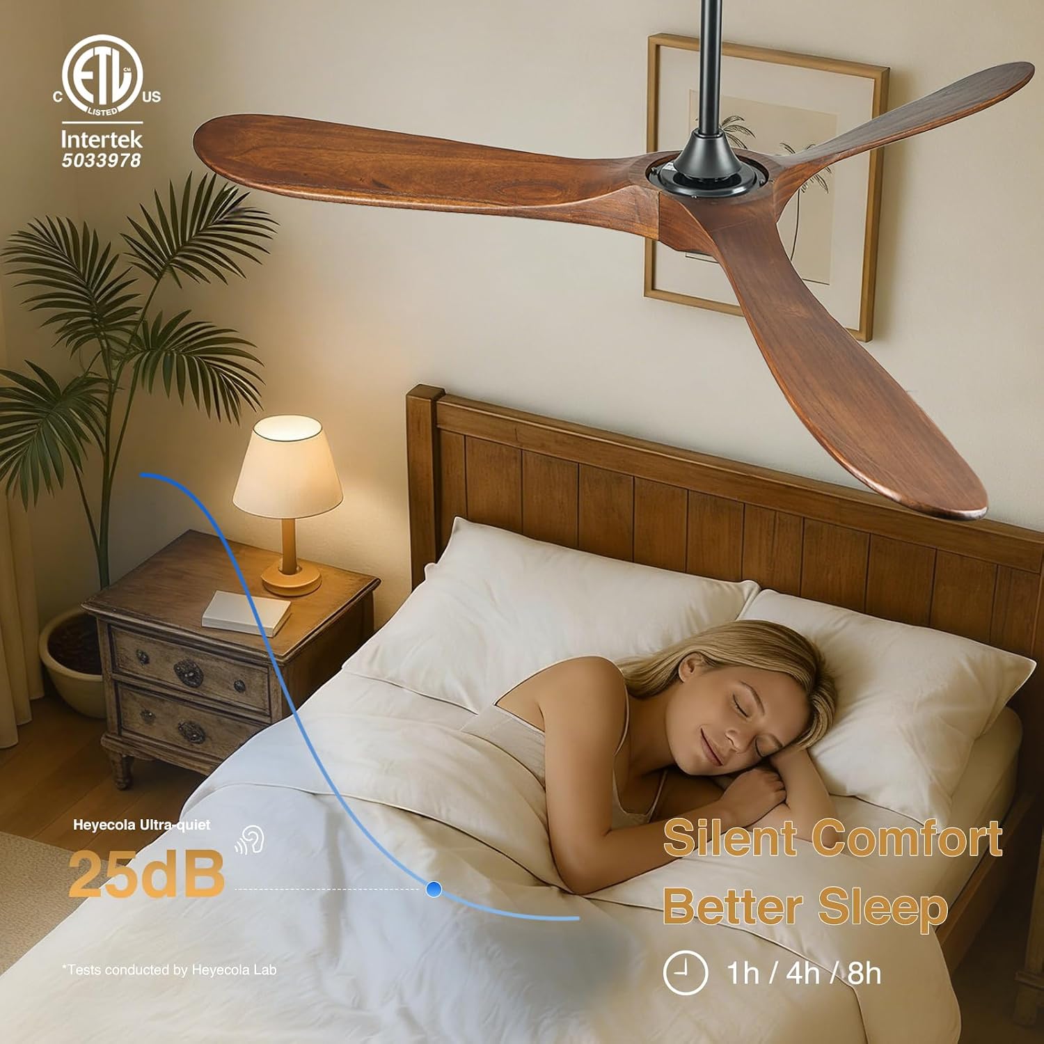 60 Inch Wood Ceiling Fan No Light, Indoor Outdoor Ceiling Fan without Lights with Remote, 3-Blade Reversible DC Motor Fan for Covered Patio Porch Bedroom Living Room, Walnut