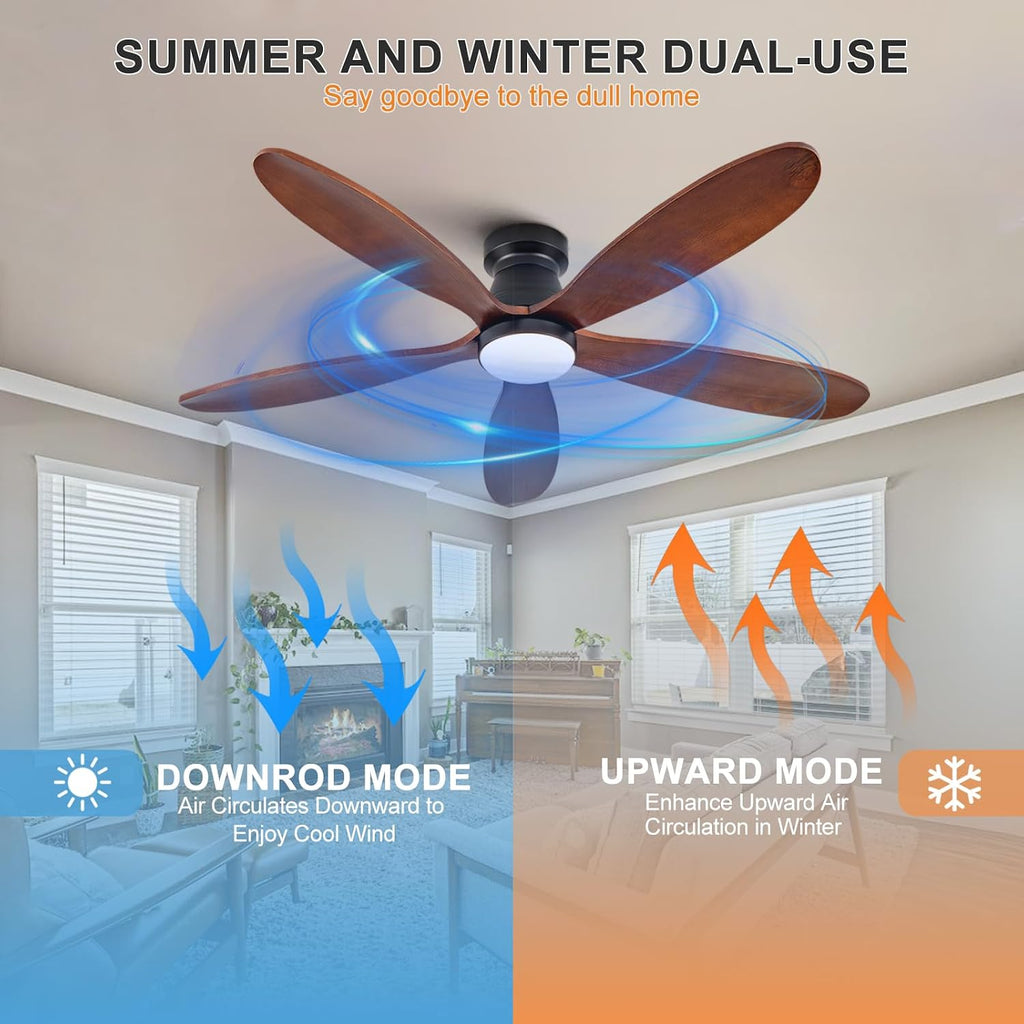 Ceiling Fans with Lights, 52 Inch Low Profile Ceiling Fan with Light and Remote Control, Flush Mount, Reversible, 3CCT, Dimmable, Quiet, Black Small Ceiling Fan for Bedroom Indoor/Outdoor Use