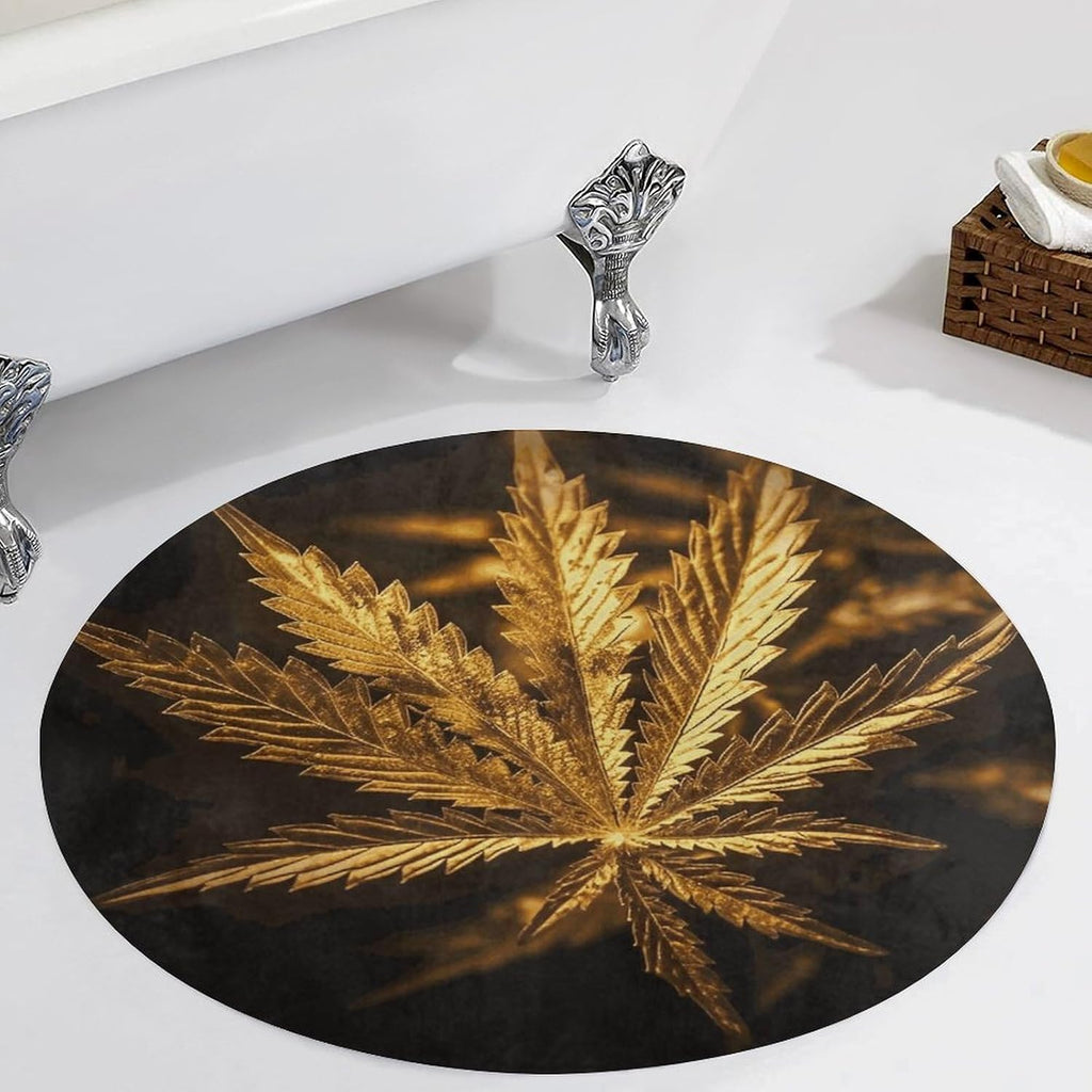 Golden Cannabis Coral Velvet Round Floor Mat Non-Slip Bath Rug Floor Covering for Bathroom Vanity Guest Suite & Vacation Home