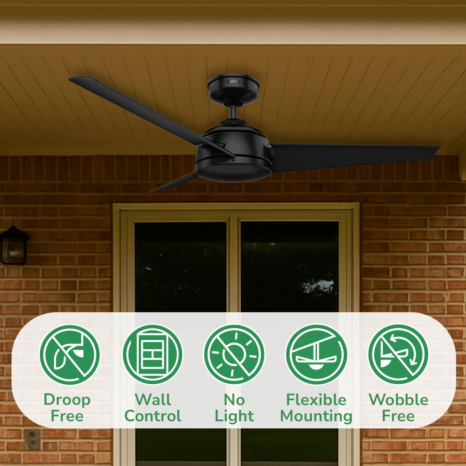 Hunter 52 inch Outdoor or Indoor Ceiling Fan No Light - Black Ceiling Fan without Light, For Patio, Porch, Garage, or Living Room, Standard Mount, 3 Blades, Wall Control - Trimaran 59609, Matte Black