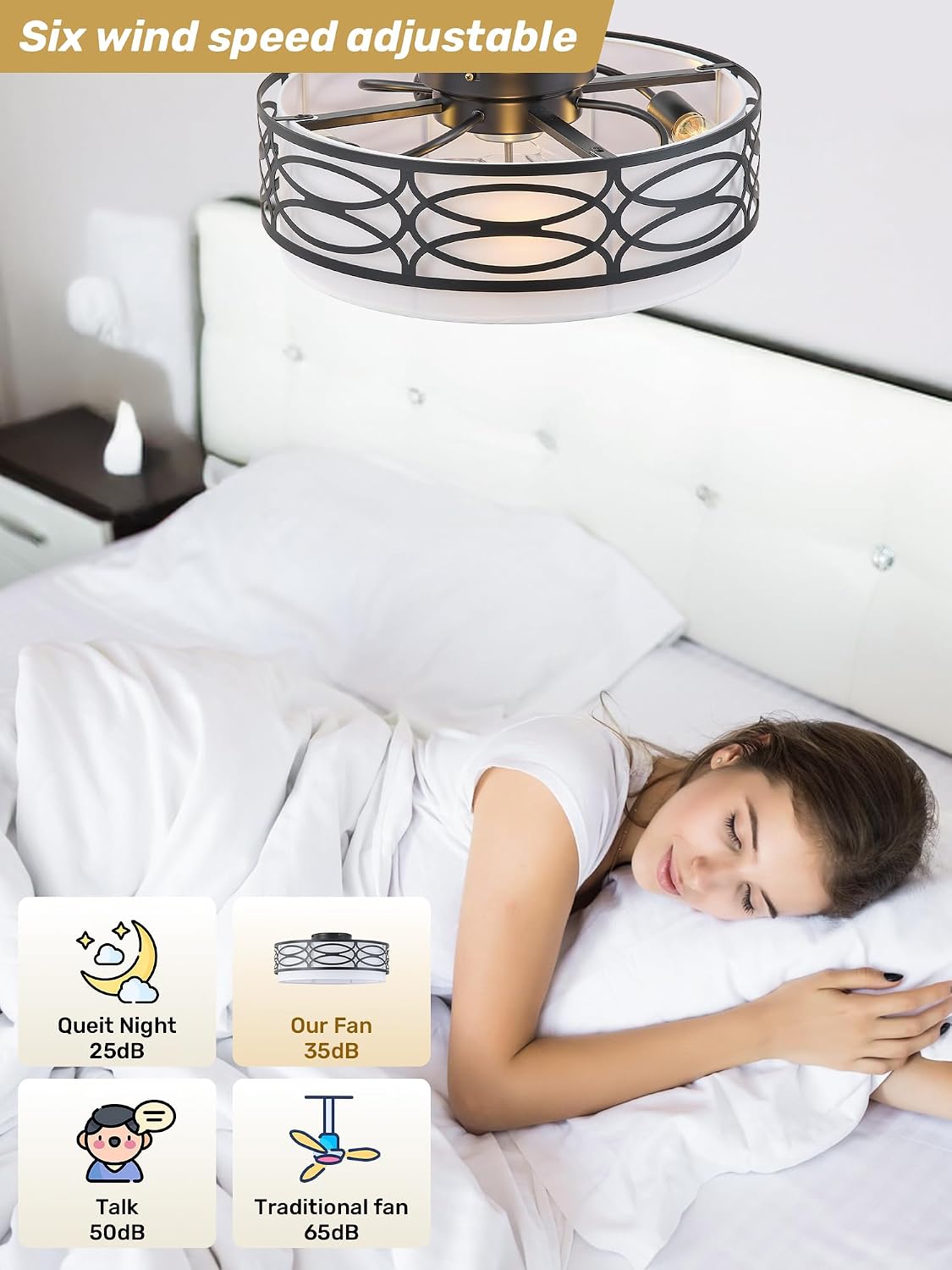 20' Black Flush Mount Ceiling Fan with Light, Caged Boho Ceiling Fan with Lights Remote Control with 6 Speeds for Bedroom, Living Room, Nursery