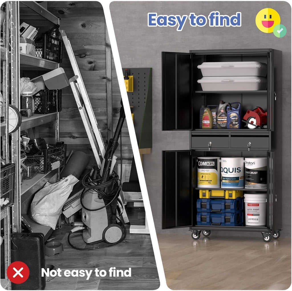 Metal Garage Storage Cabinet with 4 Wheels and 2 Drawers, 72' Heavy Duty Rolling Tool Storage Cabinet Organizer, Locking Doors and Adjustable Shelves for Garage, Workshop, Office, Warehouse