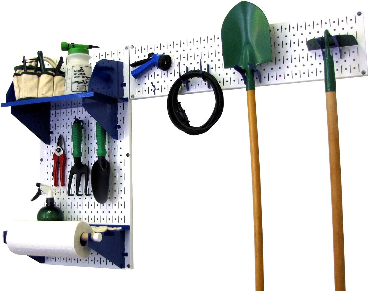 Wall Control Pegboard Garden Supplies Storage and Organization Garden Tool Organizer Kit with White Pegboard and Blue Accessories