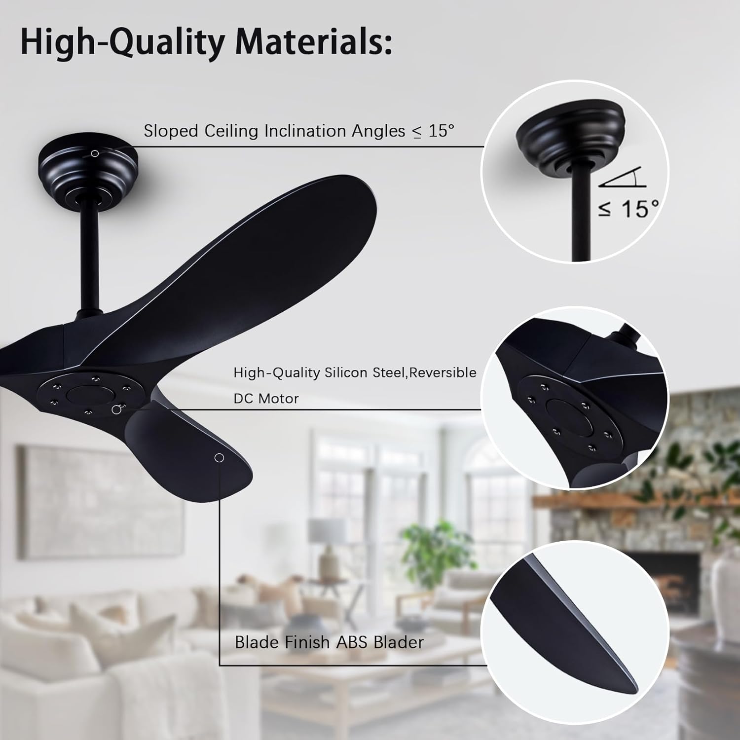60' Ceiling Fans with Remote Control, No Lights, Modern Reversible DC Motor Indoor Outdoor 3 Blade Ceiling Fan for Patio, Living Room, Bedroom and Farmhouse (Black)