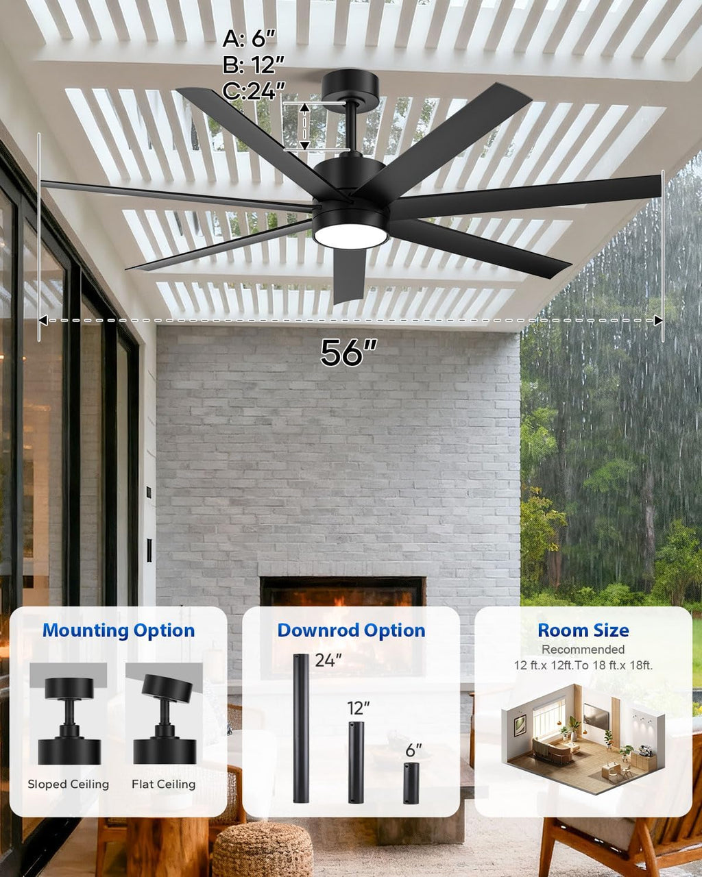 56 Inch Wet Rated Outdoor Smart Ceiling Fan with Light for Patio, All-Weather Waterproof, ETL Listed Quiet DC Motor High CFM, 7 Black Blades with UV Coating, Alexa/App/Remote, for Exterior Gazebo