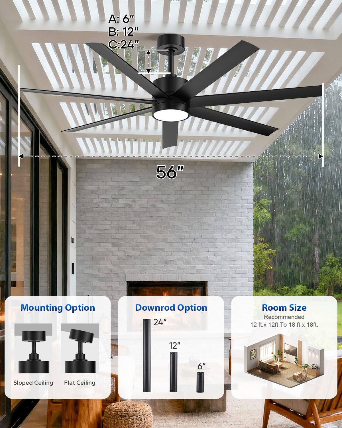 56 Inch Wet Rated Outdoor Smart Ceiling Fan with Light for Patio, All-Weather Waterproof, ETL Listed Quiet DC Motor High CFM, 7 Black Blades with UV Coating, Alexa/App/Remote, for Exterior Gazebo