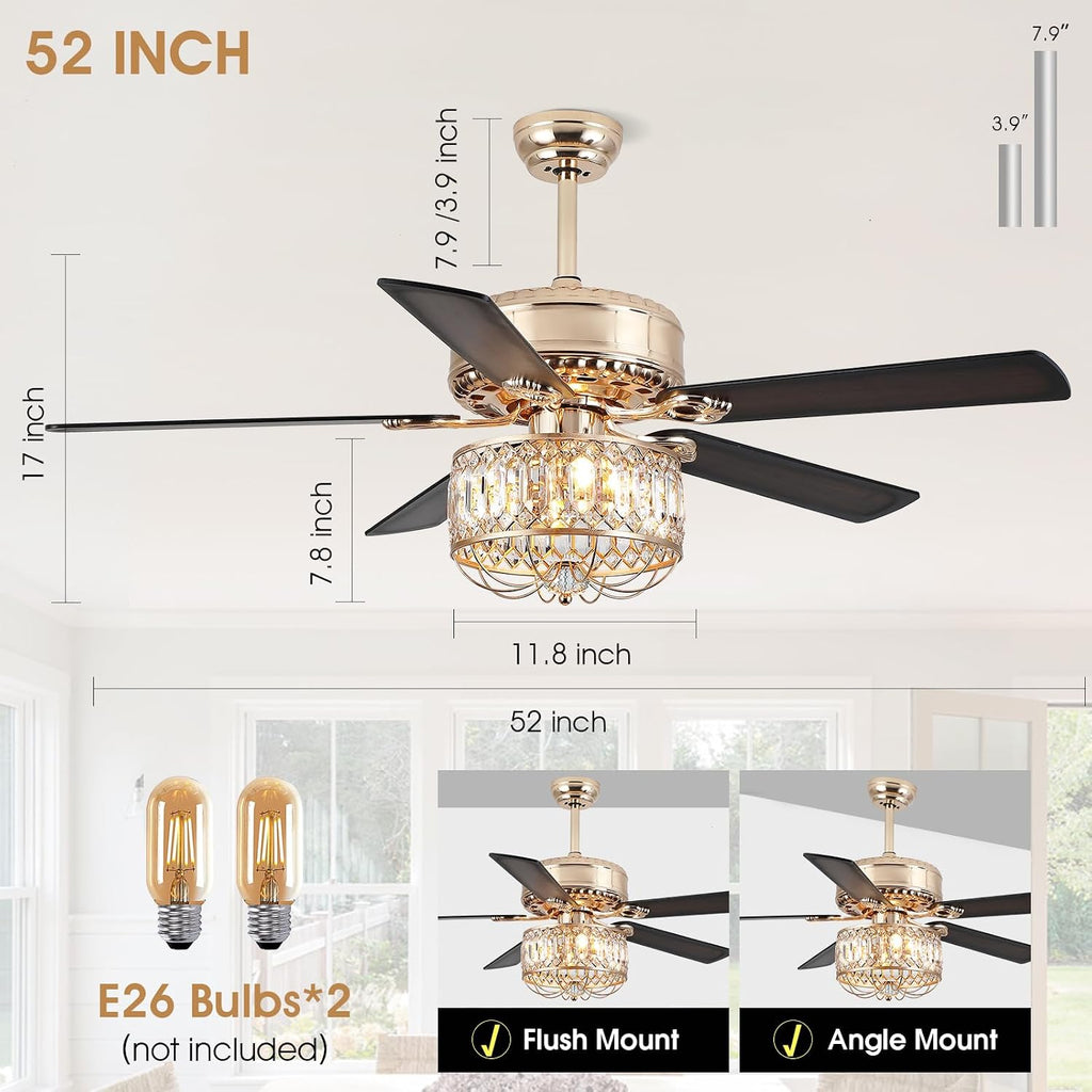 Kviflon Farmhouse Crystal Ceiling Fans with Lights and Remote, 52 Inch Chandelier Ceiling Fans, Gold Fandelier Ceiling Fan for Bedroom Living Room, Quiet DC Motor, Reversible, Bulb not Included