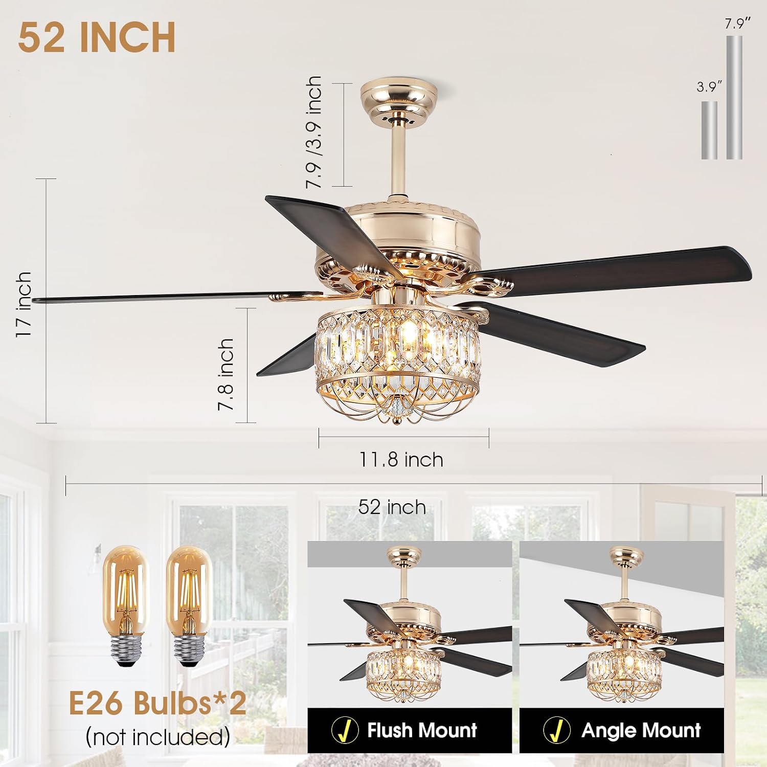 Kviflon Farmhouse Crystal Ceiling Fans with Lights and Remote, 52 Inch Chandelier Ceiling Fans, Gold Fandelier Ceiling Fan for Bedroom Living Room, Quiet DC Motor, Reversible, Bulb not Included