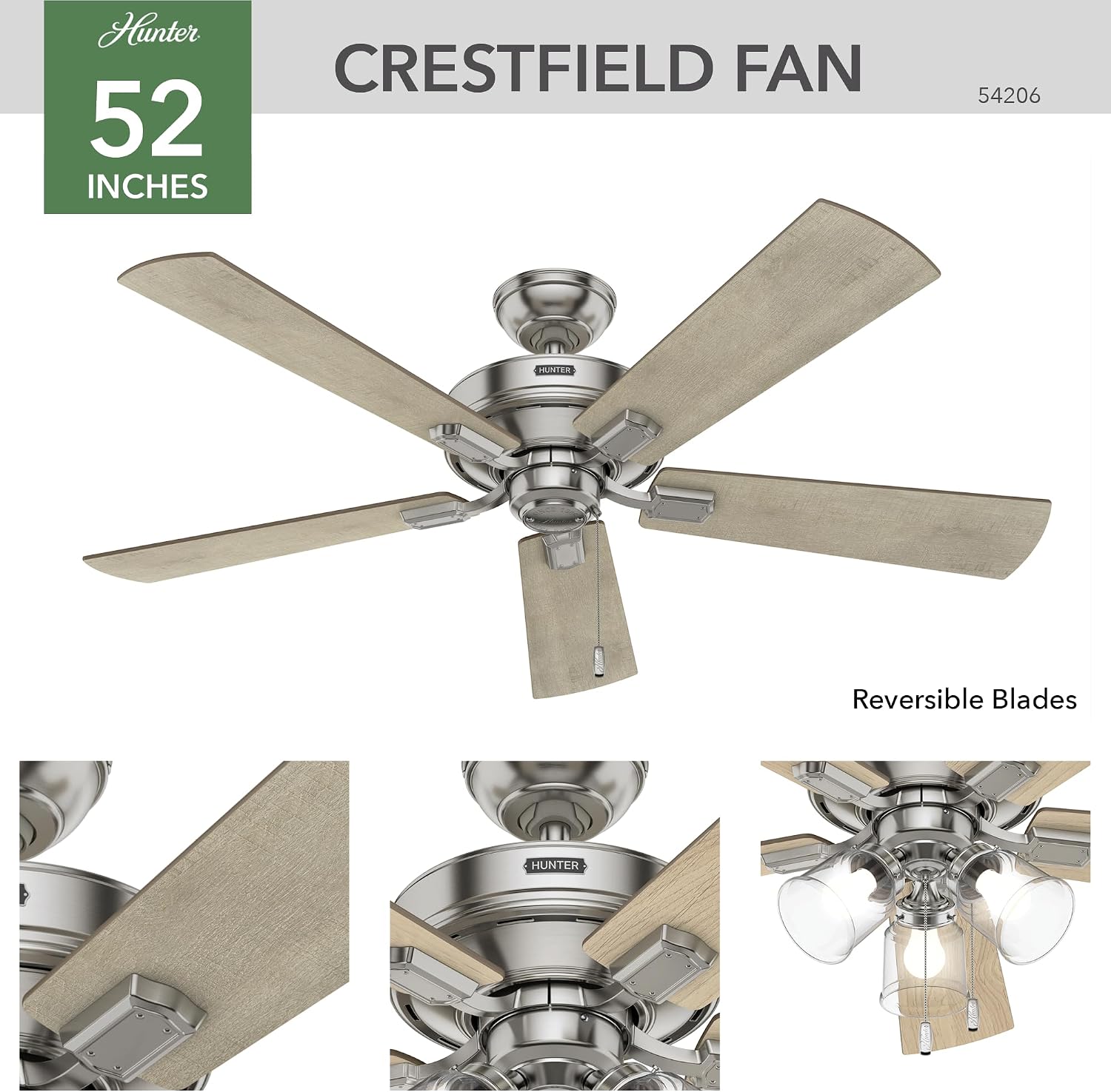Hunter 52 inch Indoor Ceiling Fan with LED Lights and Pull Chain - Standard Mount Ceiling Fan, 5 Blades, For Bedroom, Living Room, or Kitchen, 3 inch Downrod - Crestfield 54206, Brushed Nickel