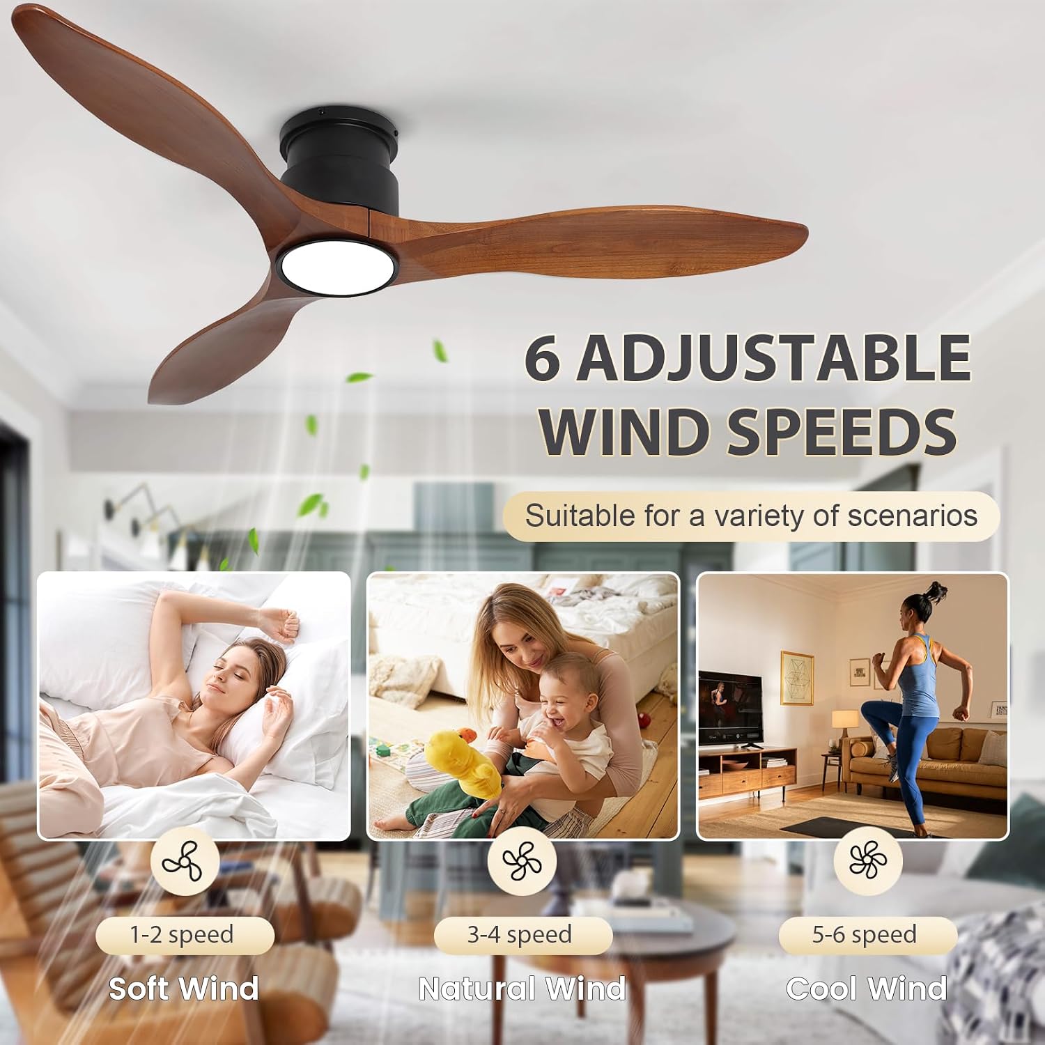 52Inch Wood Ceiling Fans with Lights and Remote Control, Indoor Outdoor Ceiling Fans Farmhouse, Low Profile Ceiling Fan with Light Timing 6 Speeds 3 Color Light Memory Lighting Reversible