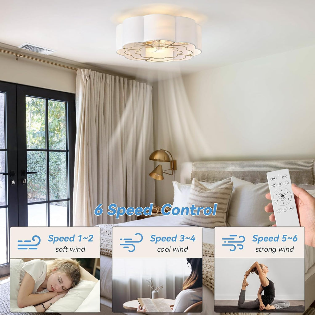 20' Low Profile Ceiling Fan with Light, Caged Flush Mount Ceiling Fan with Light Remote Control, Boho Bladeless with 6 Speeds for Bedroom, Nursery, Living Room.