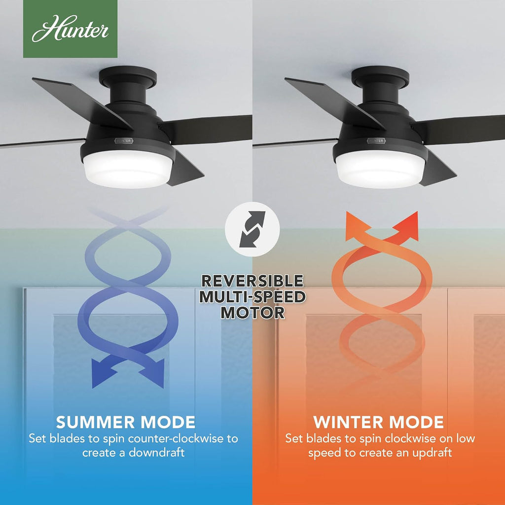 Hunter 44 inch Indoor Ceiling Fan with LED Light and Remote Control - Black Modern Ceiling Fan, Low Profile Mount, 4 Blades, For Bedroom, Living Room, or Kitchen, Quiet - Dempsey 52390, Matte Black