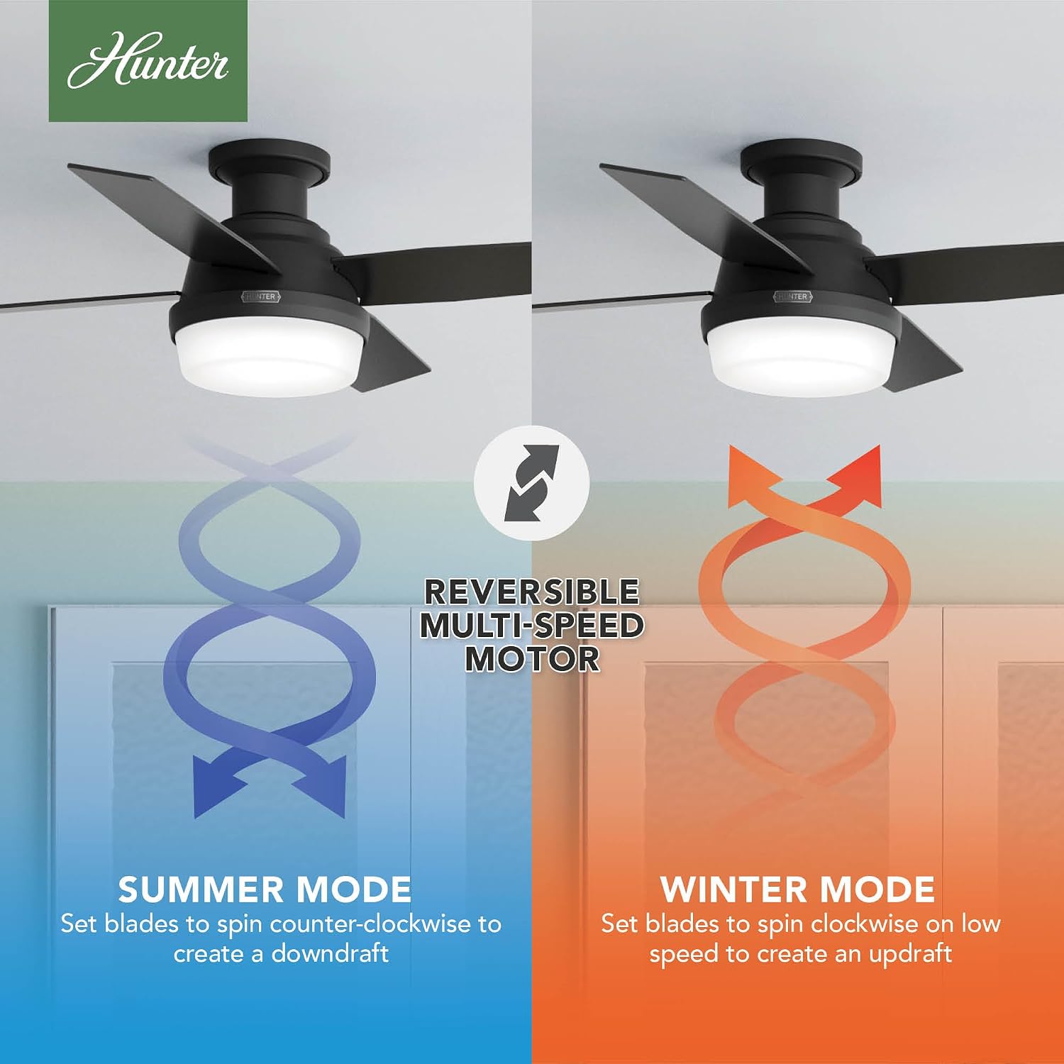 Hunter 44 inch Indoor Ceiling Fan with LED Light and Remote Control - Black Modern Ceiling Fan, Low Profile Mount, 4 Blades, For Bedroom, Living Room, or Kitchen, Quiet - Dempsey 52390, Matte Black