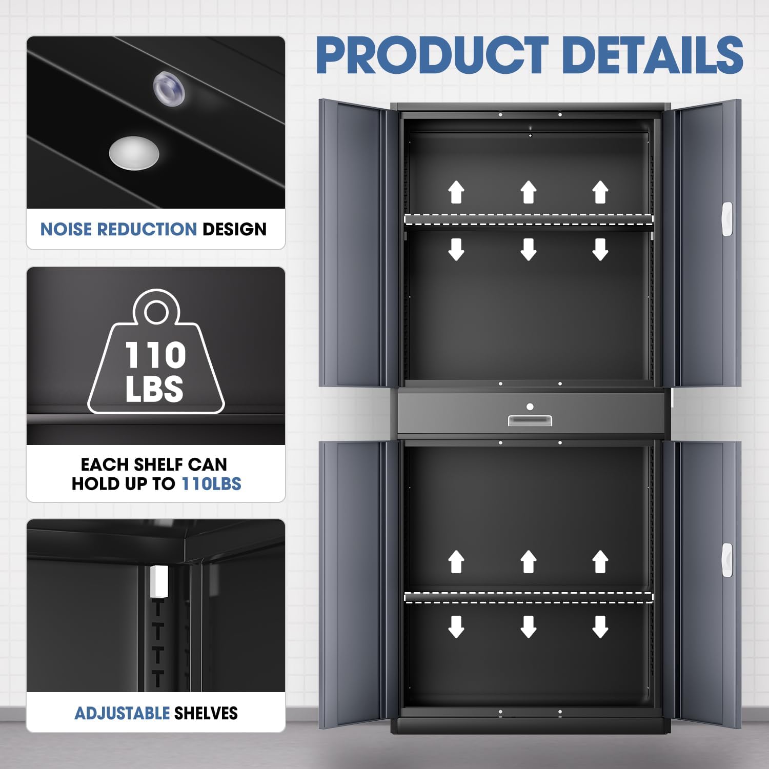 DNA Motoring 71'' Metal Storage Cabinet, Locking Tool Cabinet with 1 Drawer and Adjustable Shelves, Lockable Heavy Duty Metal Locker for Garage,Office,Home,Gym, Gray Black, TOOLS-00629-GY-BK-A